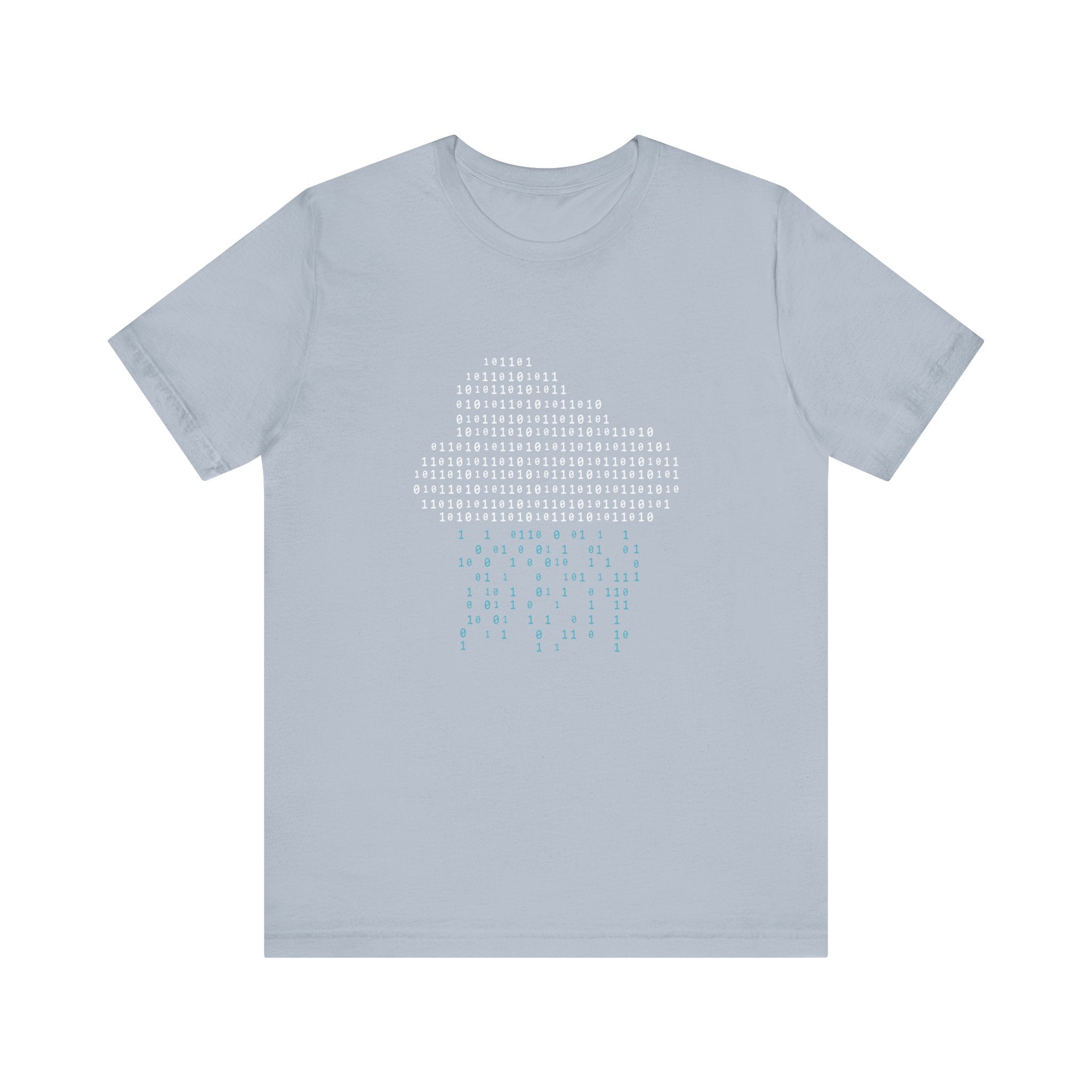 Binary Rain Cloud - T-Shirt crafted from Airlume combed ring-spun cotton, featuring a graphic of a white cloud made of binary code with blue binary rain beneath it.