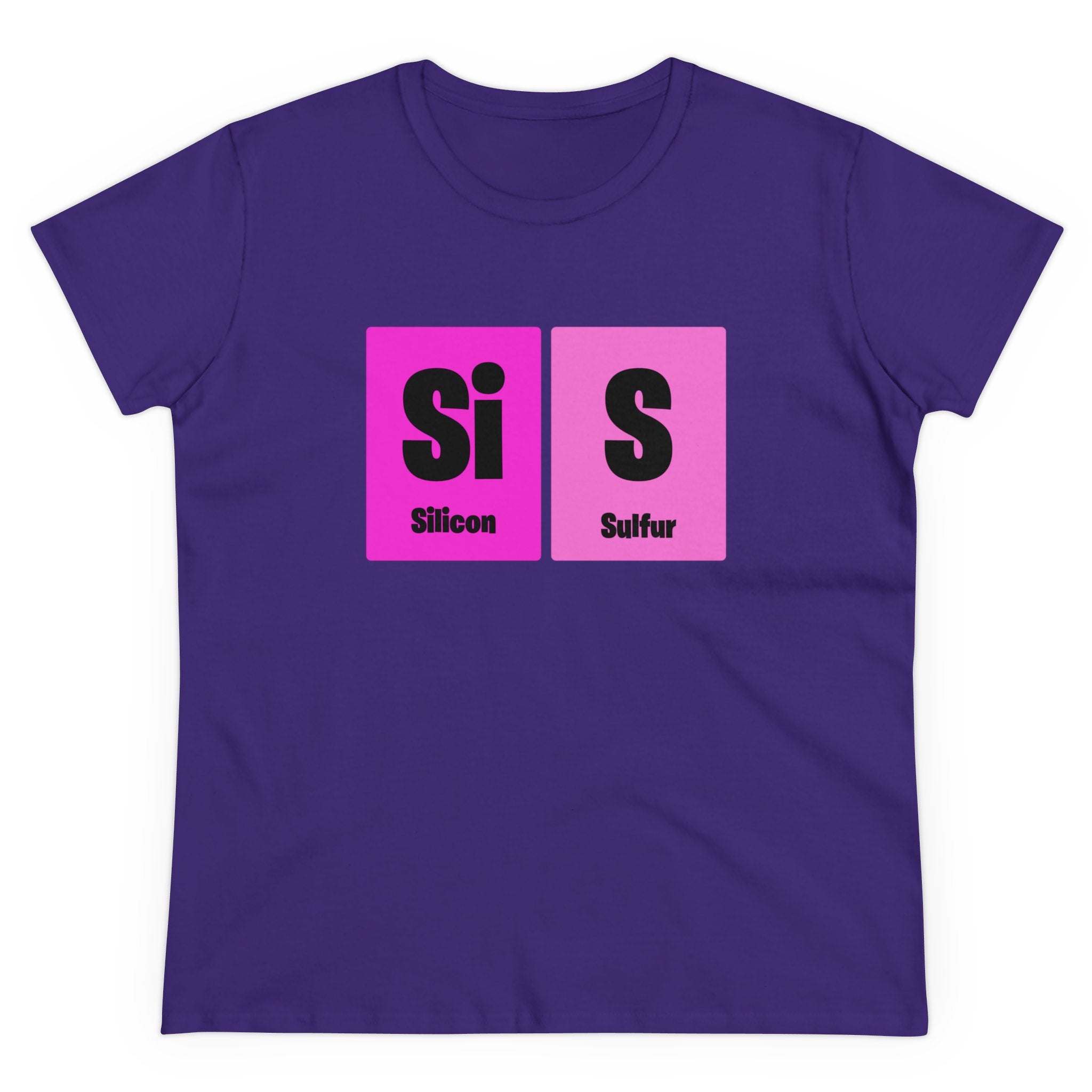 This Si-S Light Pendant - Women's Tee features a purple design with "Si" and "S" elements from the periodic table, representing Silicon and Sulfur, adding a touch of cozy fashion to your wardrobe.