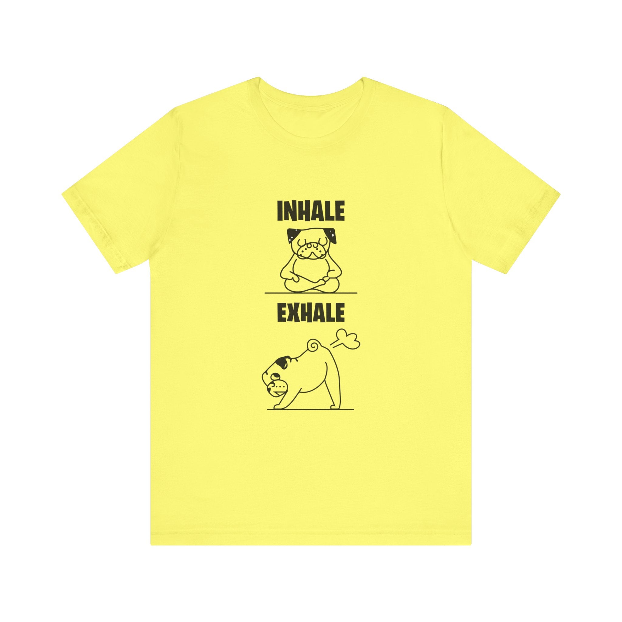 Yellow unisex tee with a humorous graphic featuring a stressed cat with "inhale" and a relaxed cat with "exhale" written above and below, in quality print.