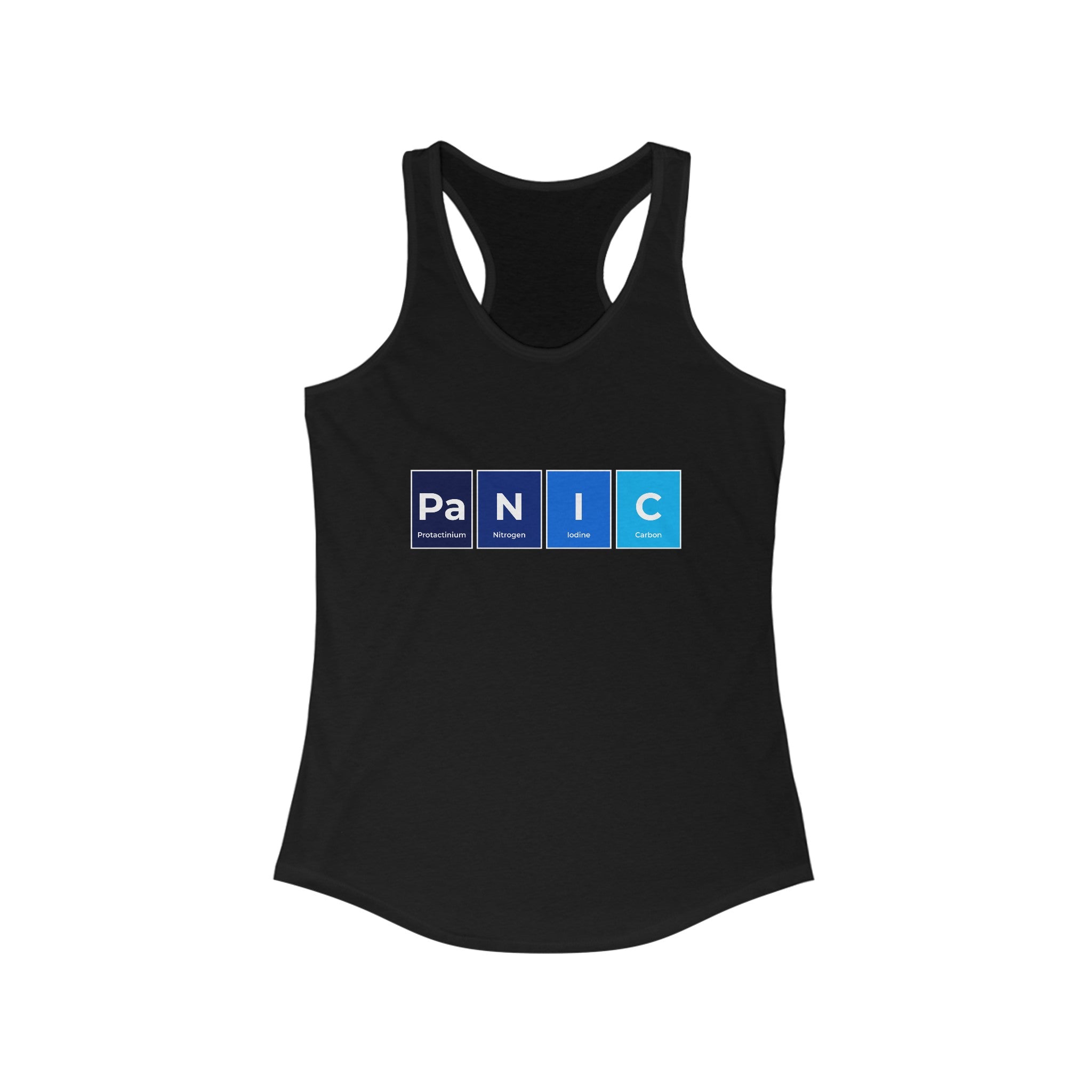 Pa-N-I-C - Women's Racerback Tank featuring a lightweight Pa-N-I-C design, with the word "PANIC" spelled using elements from the periodic table on the front.