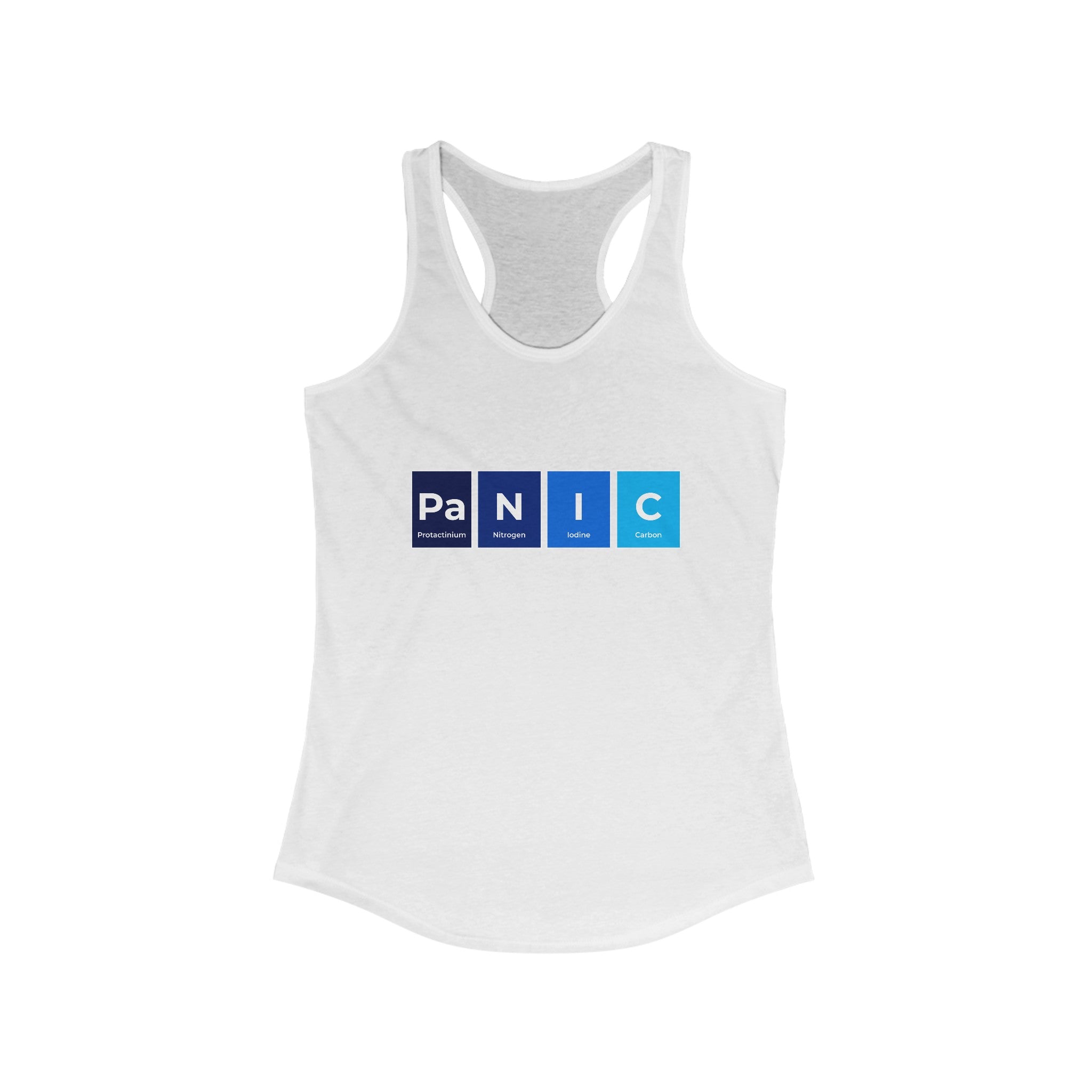 Pa-N-I-C - Women's Racerback Tank in white featuring the word "PANIC" displayed in blocks resembling the periodic table elements: Phosphorus (P), Nitrogen (N), Iodine (I), and Carbon (C). This lightweight tank top boasts an athletic style, perfect for both casual wear and workouts.