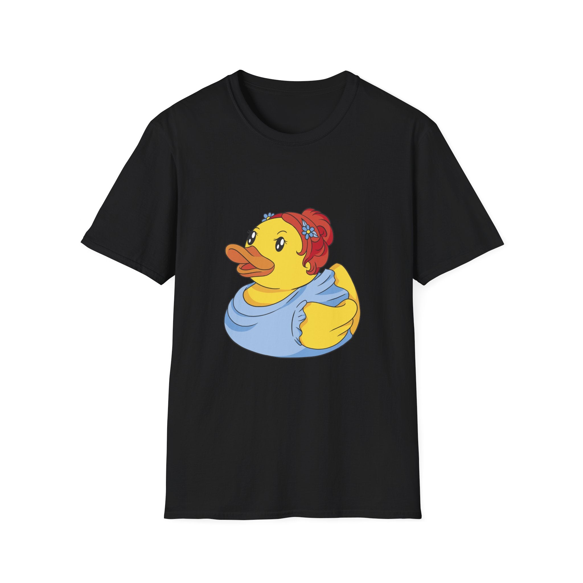 The Bridesmaid Duck T-Shirt is ideal for bachelorette parties, featuring a cartoon duck in a blue outfit with red hair and a floral headband. This black tee, crafted from high-quality fabric, offers comfort and style, making you party-ready.