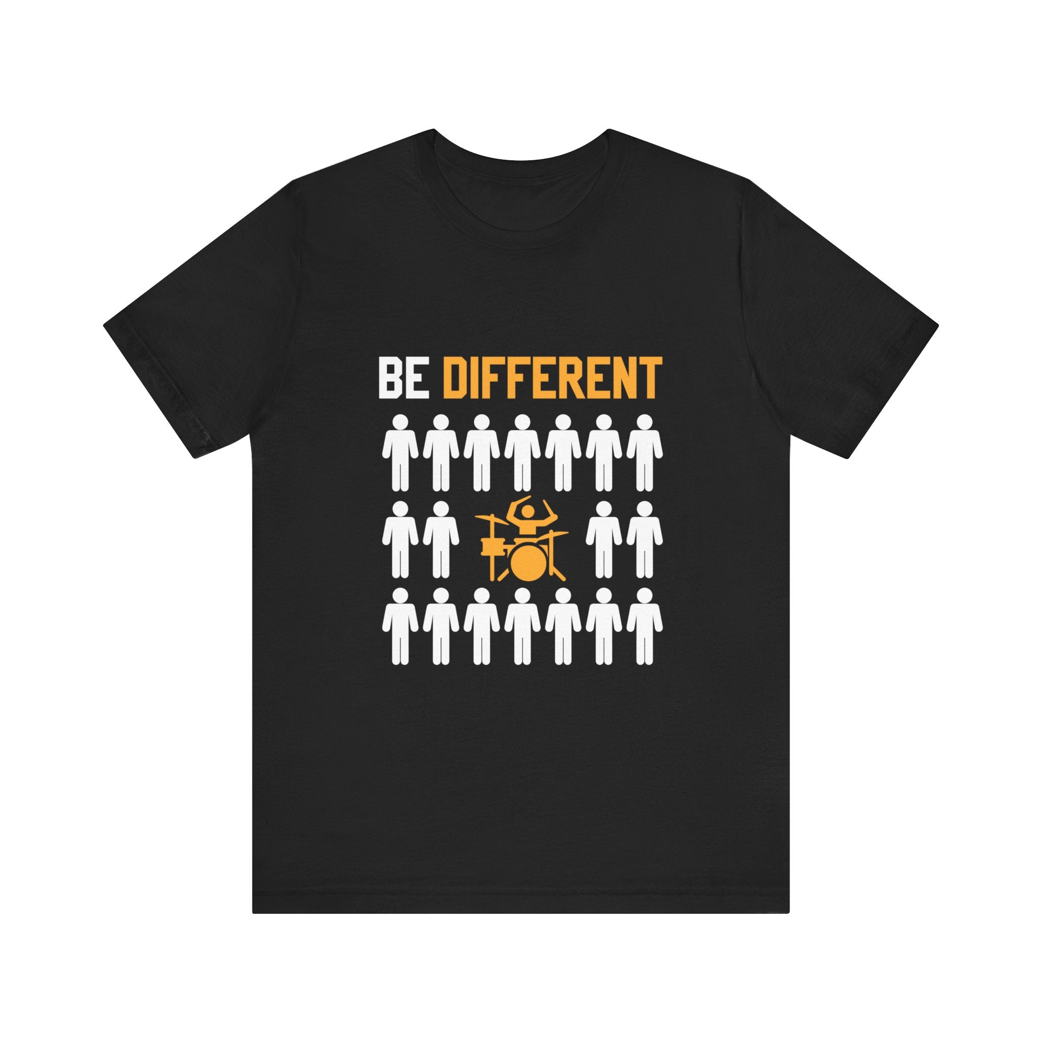 The Be Different T-Shirt boasts a striking design featuring the words "BE DIFFERENT" above a grid of white figures, one of which stands out by playing a drum set. Made from premium fabric, this black tee is as comfortable as it is eye-catching.