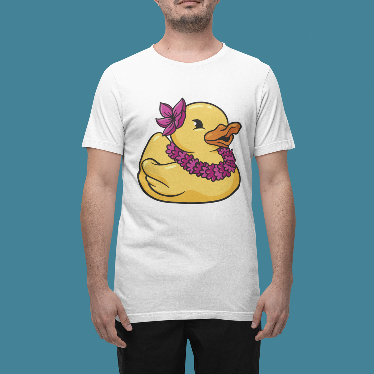 Hawaiian lei duck t-shirt in white, man model wearing it against a dark teal background, funny beach gift