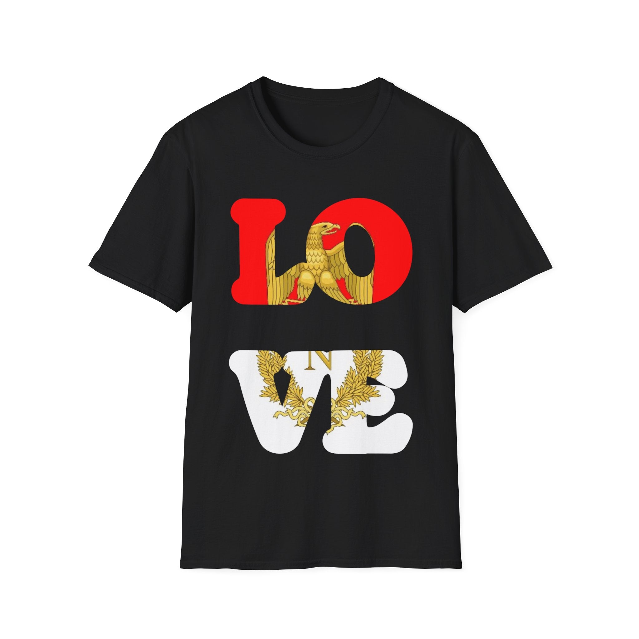 Experience the pride of Listebourg with the LOVE Listebourg T-Shirt. This stylish black tee prominently features "LOVE" in bold, showcasing "LO" and "VE" in vibrant red and white. The addition of a gold eagle and wheat design gives it that unique touch, making it an essential piece for your wardrobe.