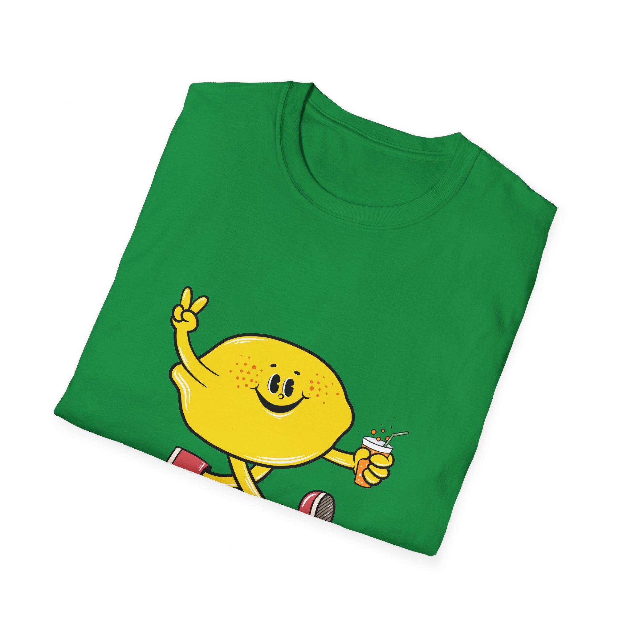 A folded Cartoon Lemon T-shirt in green, showcasing a cartoon lemon character holding a drink and making a peace sign.