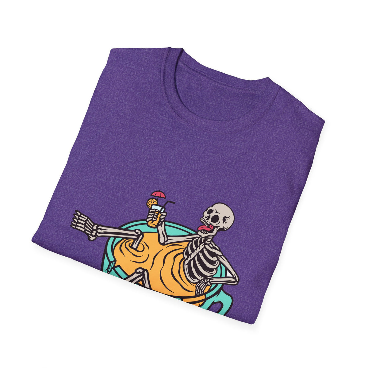 'Relaxing Skull' skeletons in a teacup print folded on purple t-shirt, funny gift idea