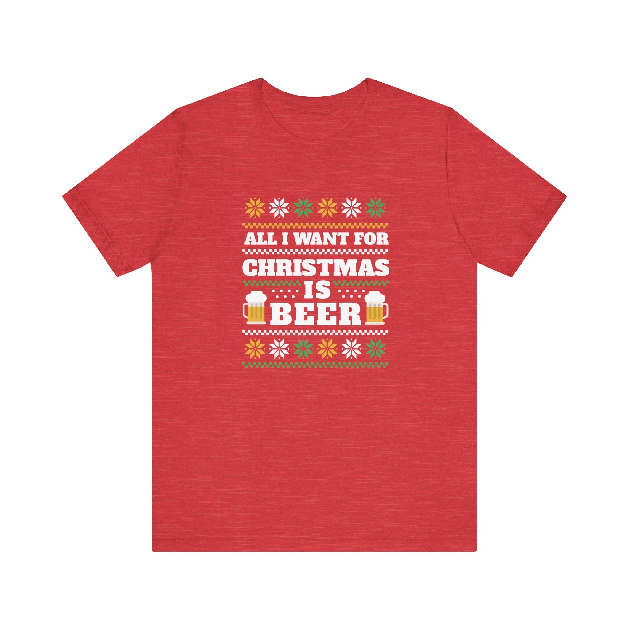 Red cotton T-shirt with holiday-themed text reading "All I want for Christmas is Beer," accompanied by decorative patterns and beer graphic icons, giving it a fun Beer Ugly Sweater - T-Shirt vibe.
