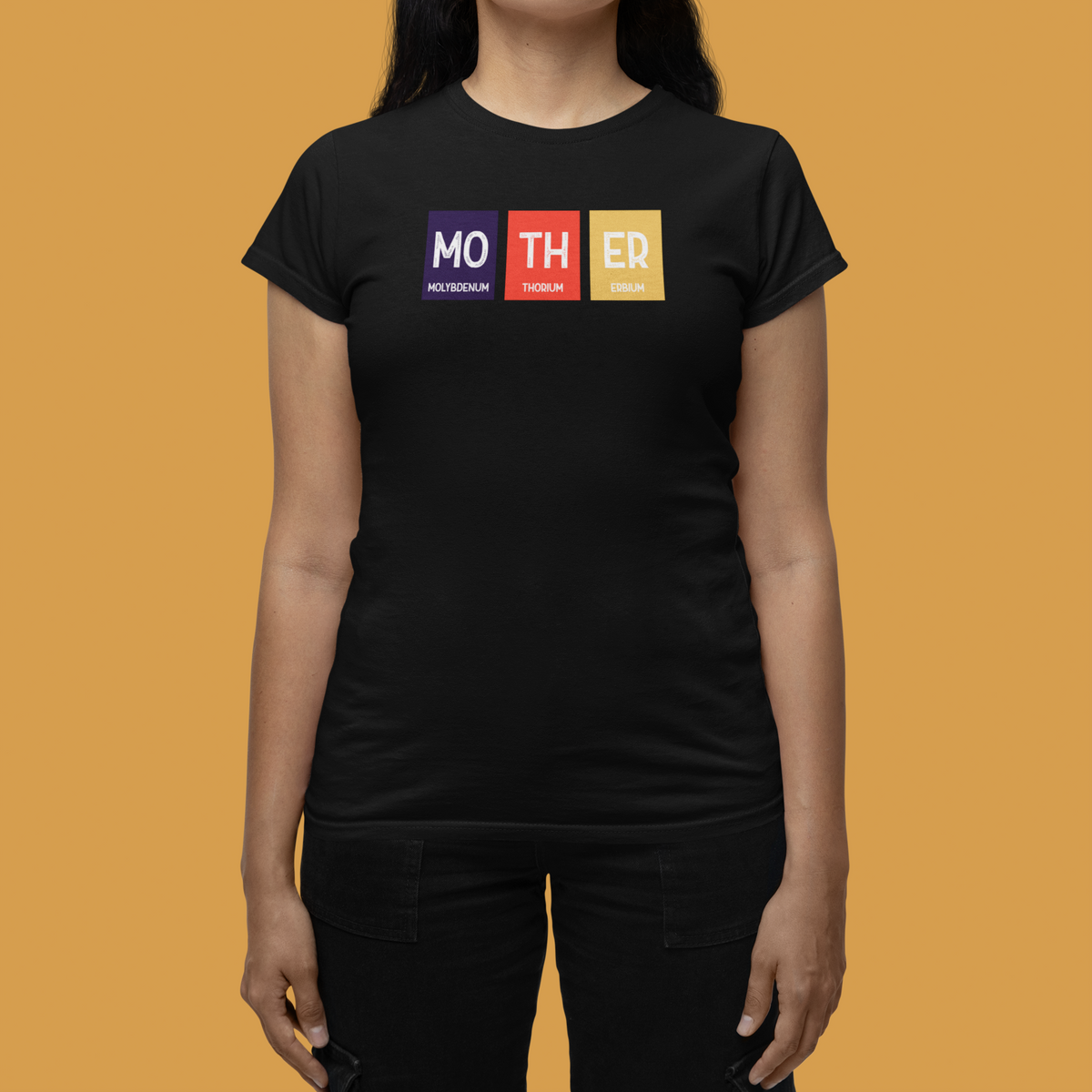 'Mother' periodic table women's tee in black, woman modeling it, funny science pun gift for mom
