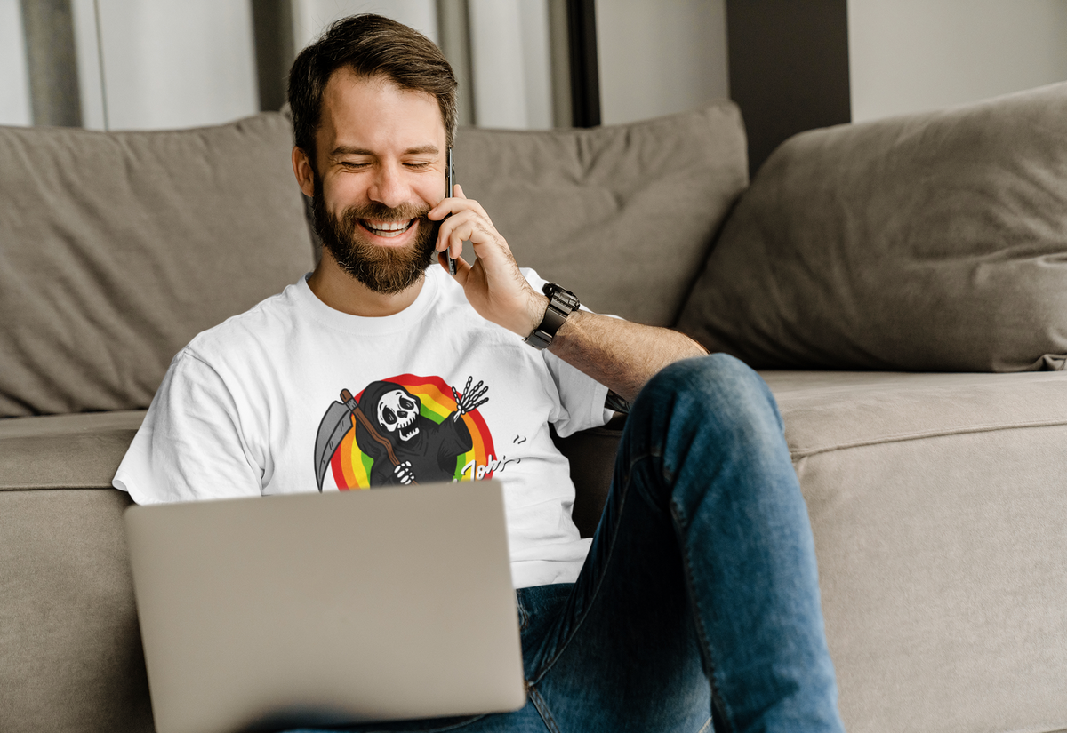 'I Love My Job' reaper t-shirt in white, man on couch wearing it, sarcastic job humor shirt
