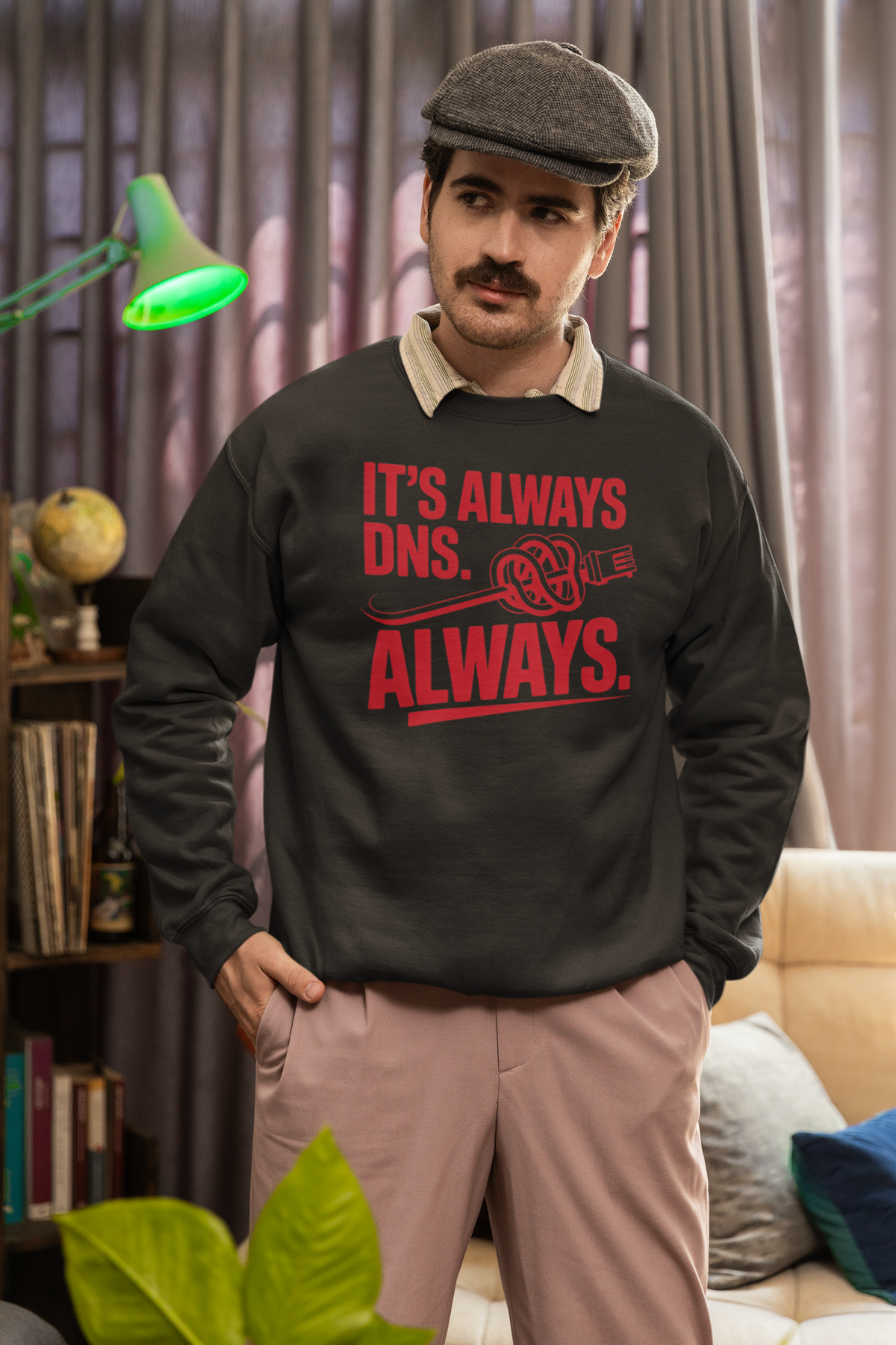'It's Always DNS. Always.' charcoal sweatshirt worn by man in newsboy cap, funny IT gift idea