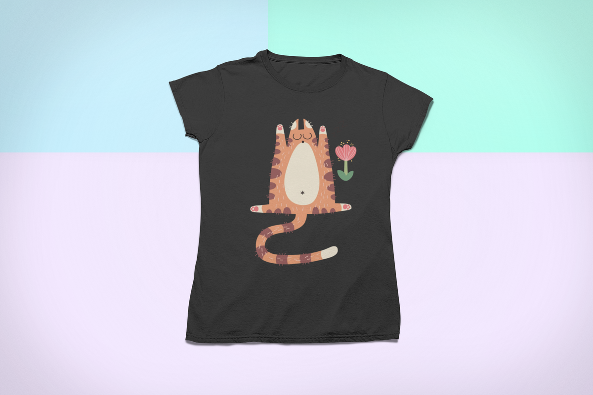 "You Make Me Go ZZZ" sleepy cat t-shirt in black, flat lay on pastel background, funny cat lover gift