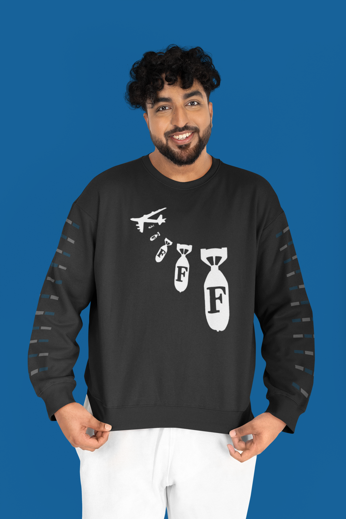 "F Bomb" sweatshirt in black, man wearing it on a blue backdrop, funny sarcastic gift sweatshirt