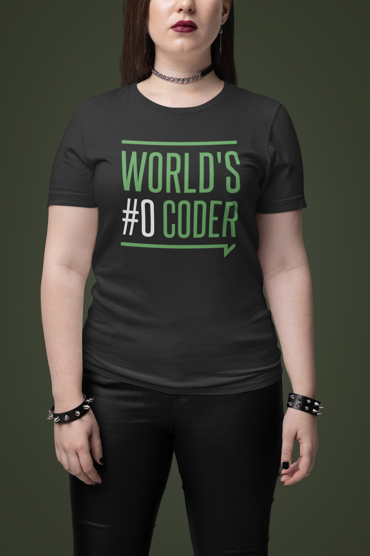 'World's #0 Coder' t-shirt in black, woman model wearing it against a dark green background, funny developer gift