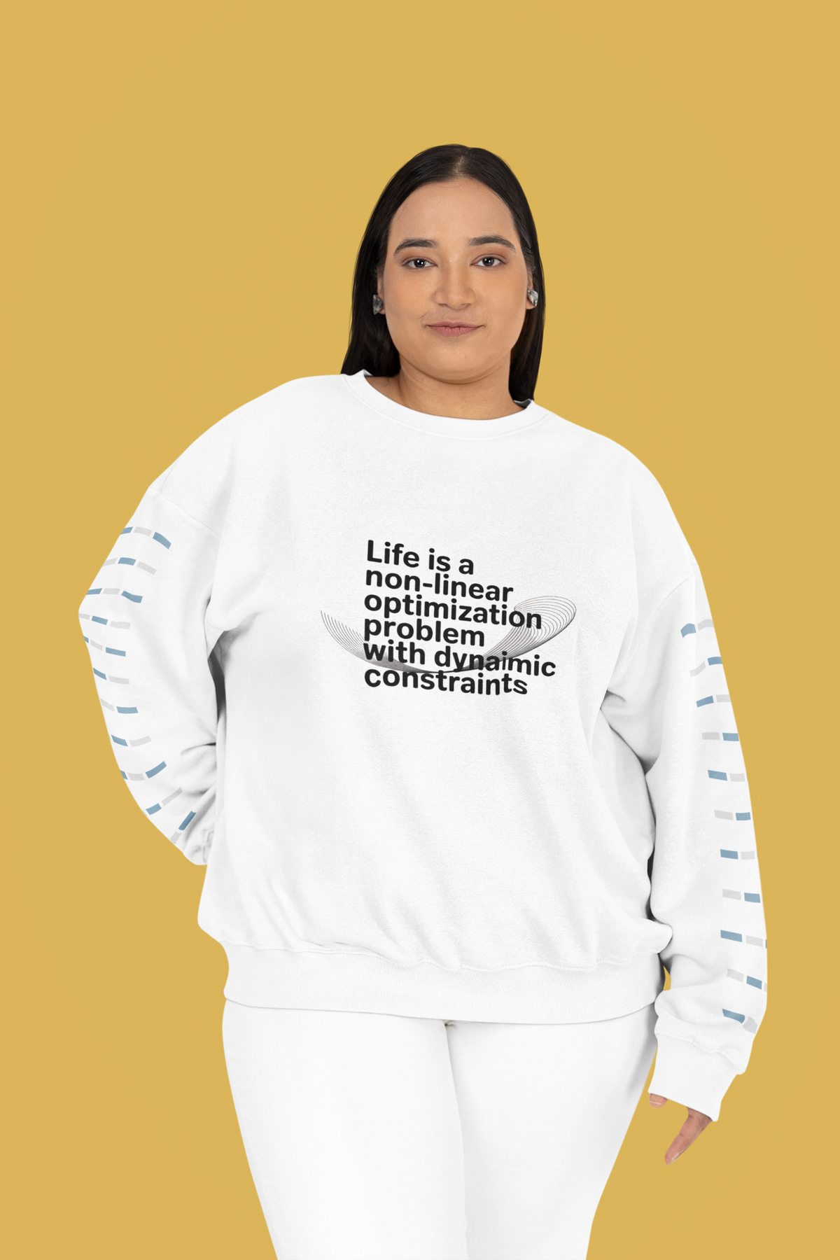 'Life Is a Non-Linear Optimization Problem' sweatshirt in white, woman on yellow background, math nerd gift