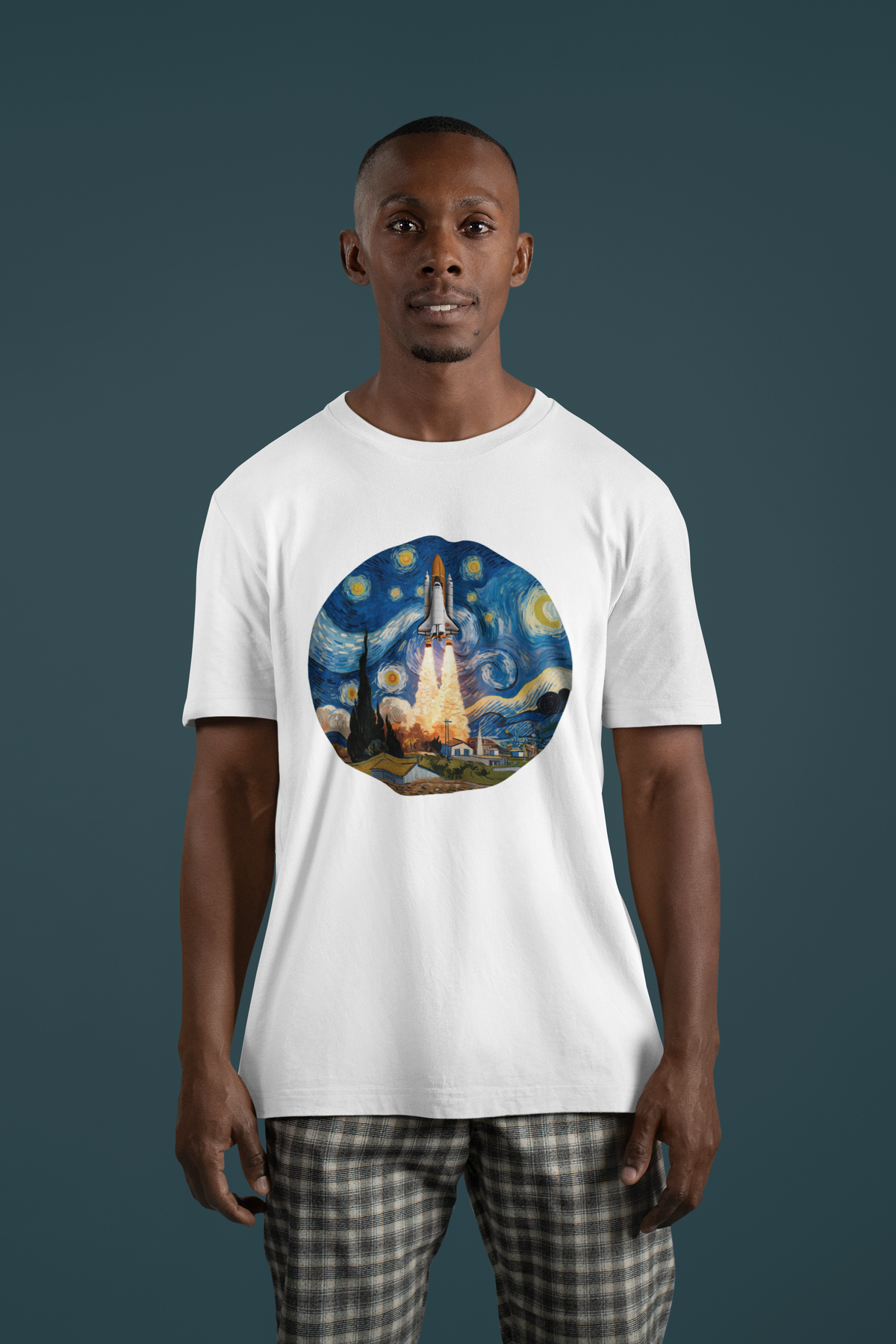 Van Gogh Spaceship T-Shirt in white, man wearing it against dark teal backdrop, starry night rocket art tee