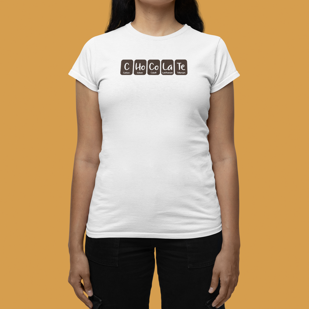 'Chocolate' women's fitted t-shirt in white, woman wearing it against orange backdrop, funny chemistry pun gift