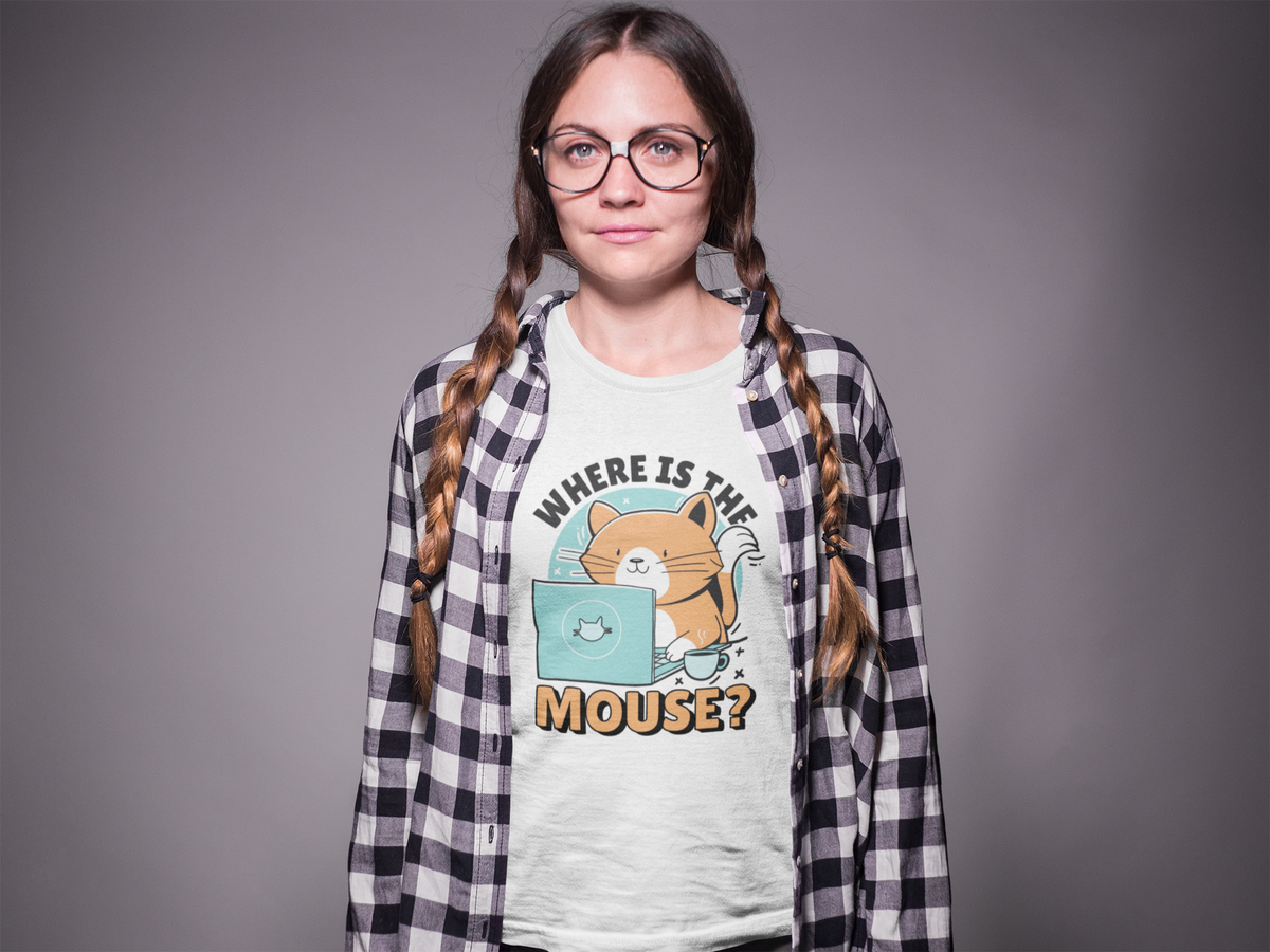 'Where Is the Mouse?' cat and laptop t-shirt in white, woman model wearing it under a plaid shirt, funny cat lover gift