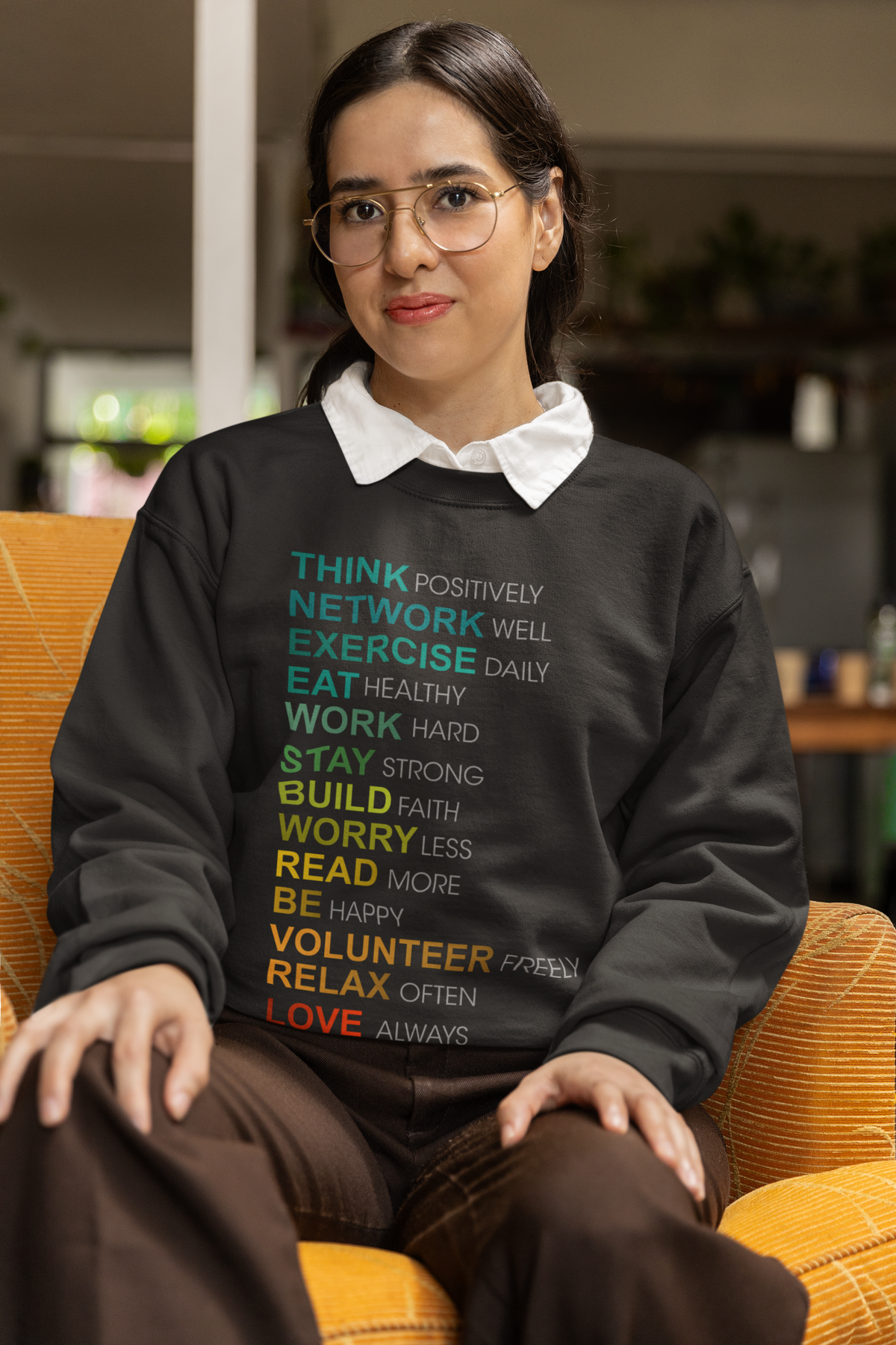 Think positive word list sweatshirt in black, woman wearing it, funny gift idea