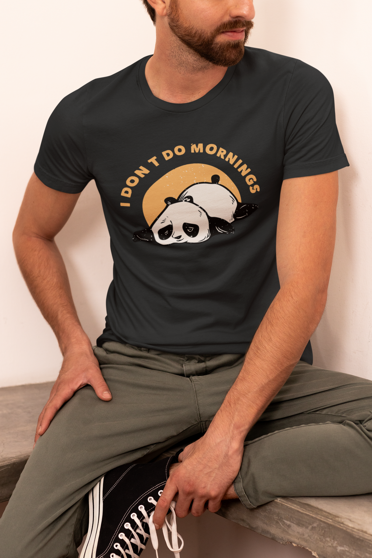 'I Don't Do Mornings' panda t-shirt in black, man wearing it, funny sunrise gift for tired people