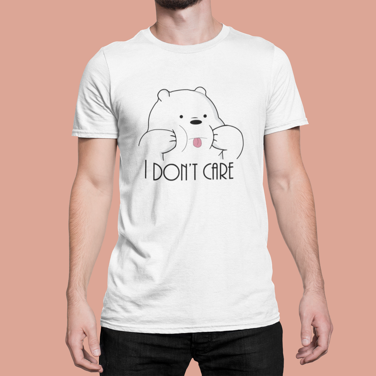 Model wearing I Don't Care Panda t-shirt front view | Geekpsters
