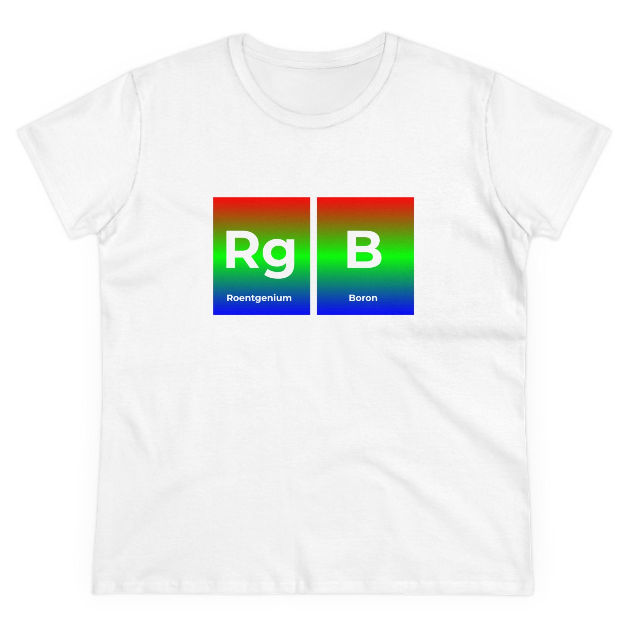 RG-B - Women's Tee featuring two periodic table elements, "Roentgenium (Rg)" and "Boron (B)," on a gradient background of red, green, and blue—an ideal choice for those who value ethical fashion.