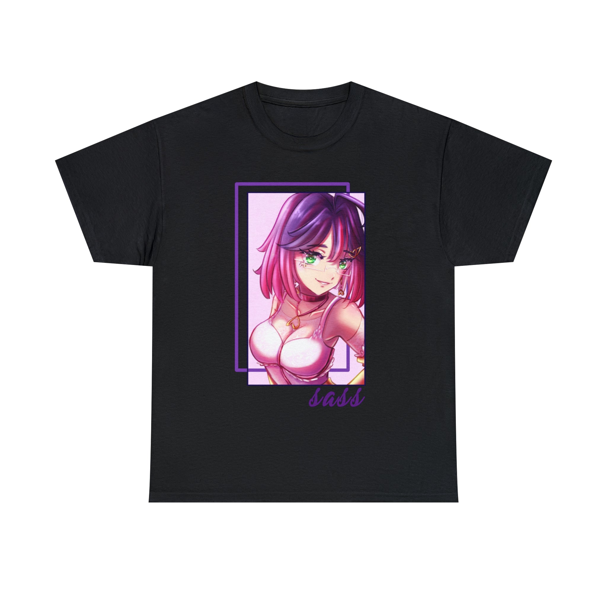 A Sass t-shirt showcasing a captivating artwork of a girl with vibrant purple hair.