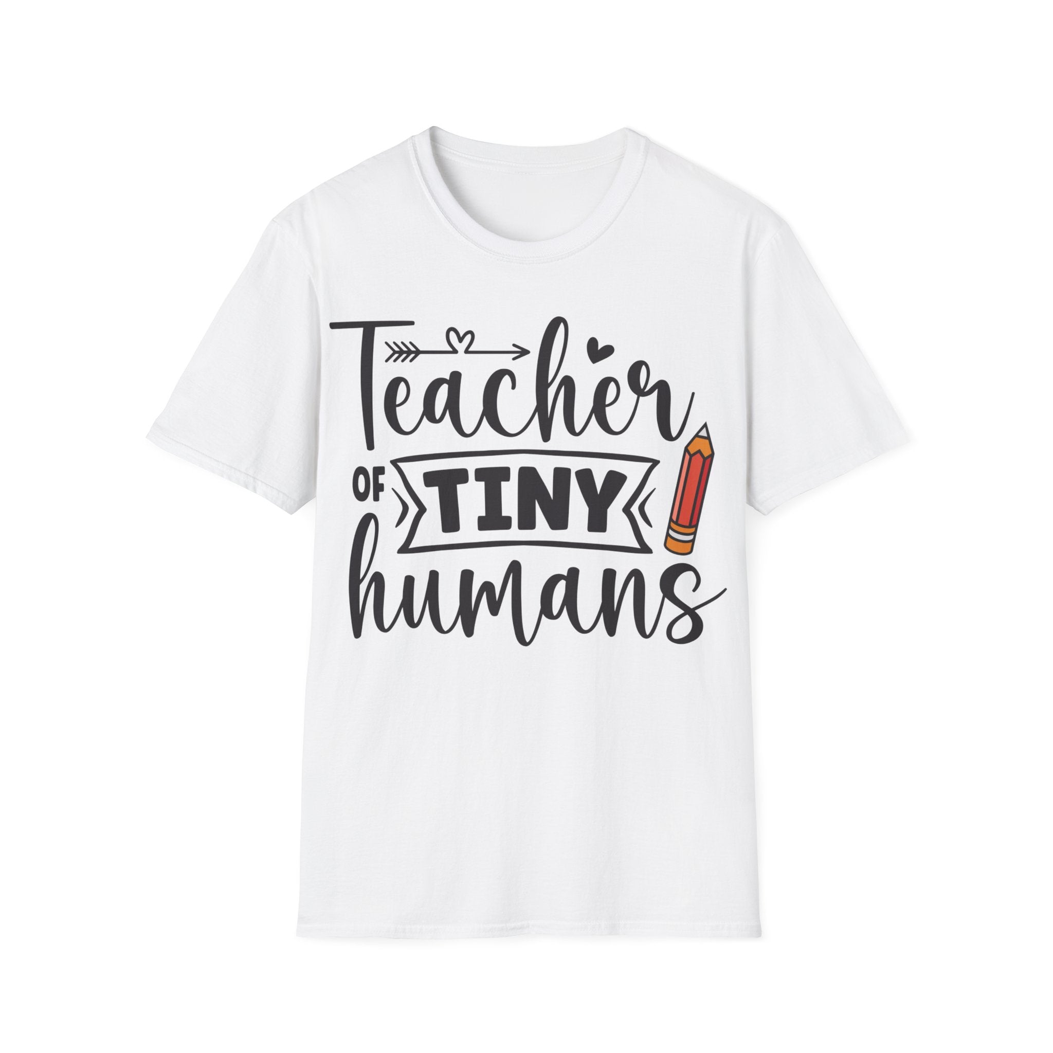 The Teacher of Tiny Humans T-Shirt is made from 100% ring-spun cotton and showcases a delightful pencil graphic with the whimsical text "Teacher of Tiny Humans.