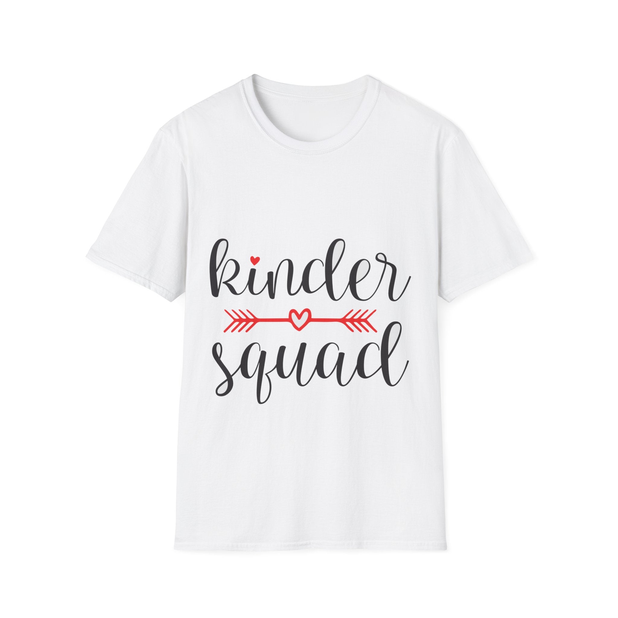 The Kinder Squad T-Shirt, ideal as a teacher gift, showcases the bold black and red "kinder squad" text adorned with charming heart accents. This unisex soft-style t-shirt combines comfort and style, making it suitable for any occasion.