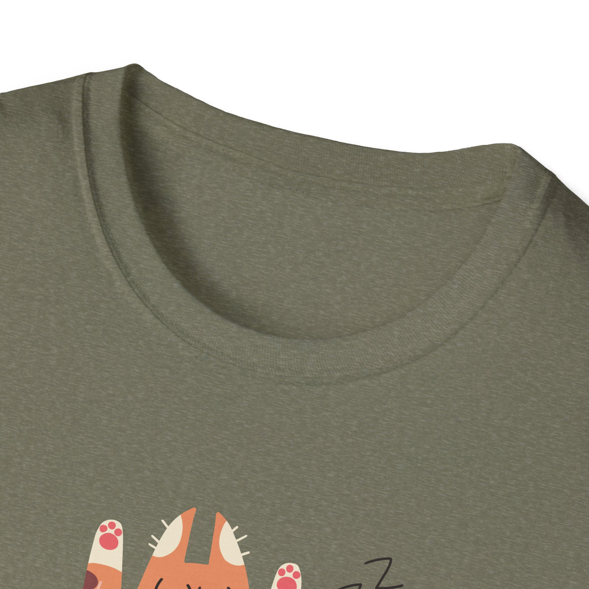 Close-up of You Make Me Go ZZZ sleepy cat print hem on military green t-shirt, funny cat lover detail