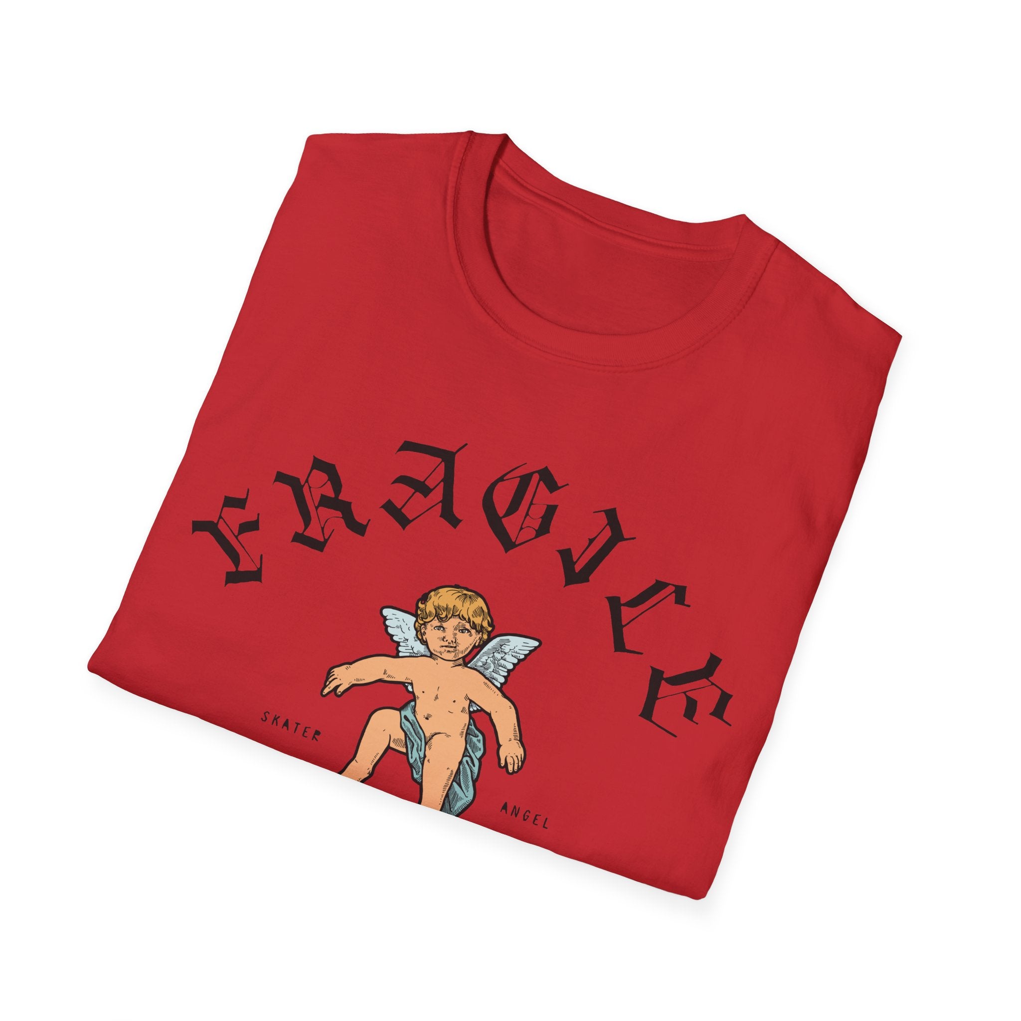 The Skater Angel T-shirt is a relaxed-fit red tee featuring a cherub illustration and the word "Fragile" in a stylized font, perfect for casual days.