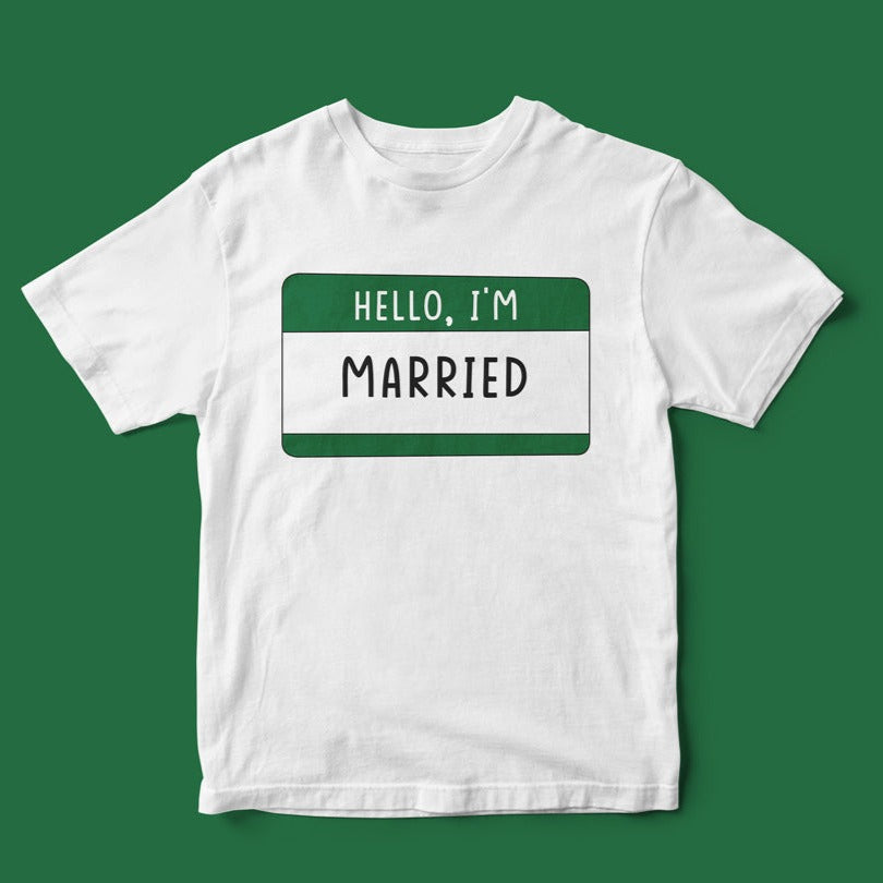 Hello, I'm Married T-Shirt with a green and white name tag design printed on it that reads, "hello, I'm a gamer.