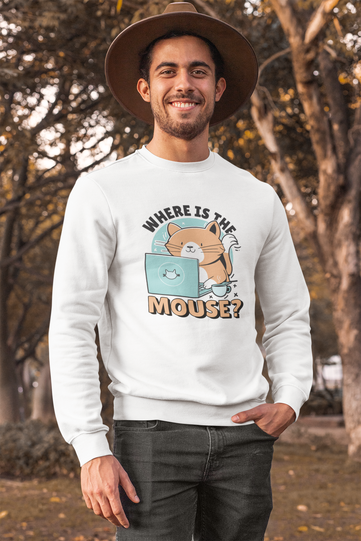 "Where Is The Mouse?" cat graphic sweatshirt in white, man in a hat wearing it outdoors, funny gift for him