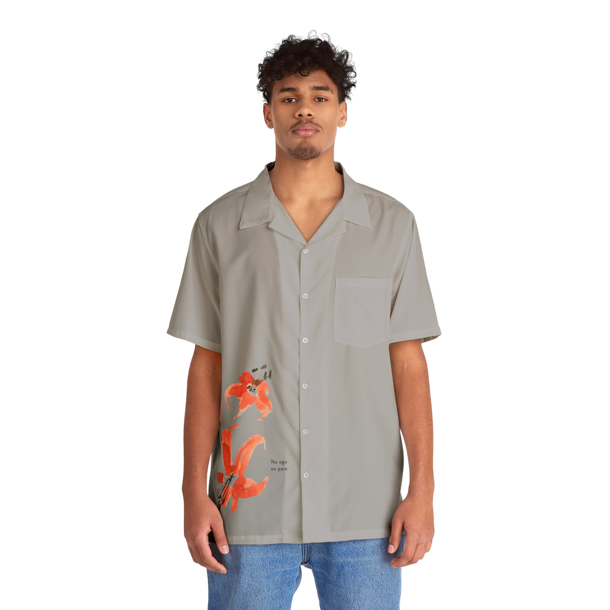 Flowers Of Ego print camp shirt in grey, man wearing it front, artsy floral graphic shirt gift