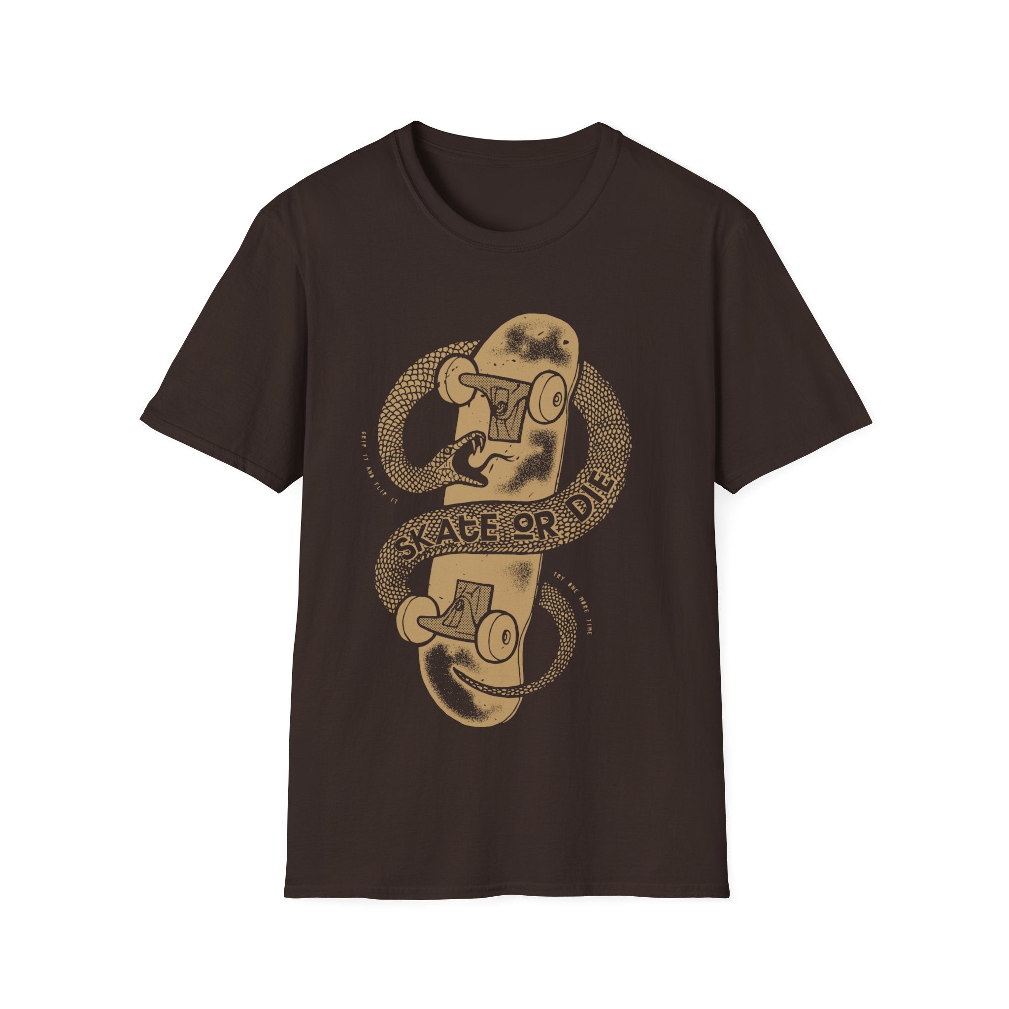 Skate or Die T-shirt in brown featuring a crew neck design, made from breathable cotton with a beige skateboard illustration and the text "Skate or Die" in a stylized font.