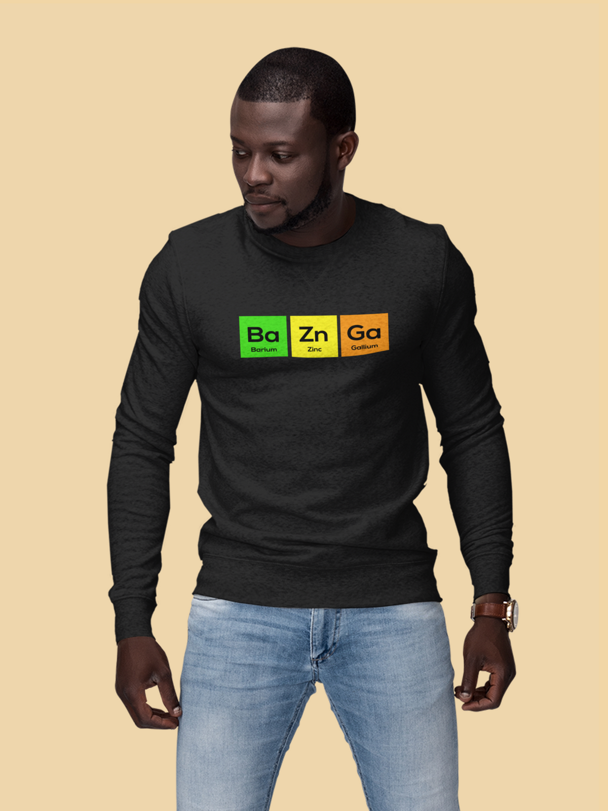 Ba-Zn-Ga periodic table Bazinga element pun crewneck sweatshirt, lifestyle shot with the design in focus