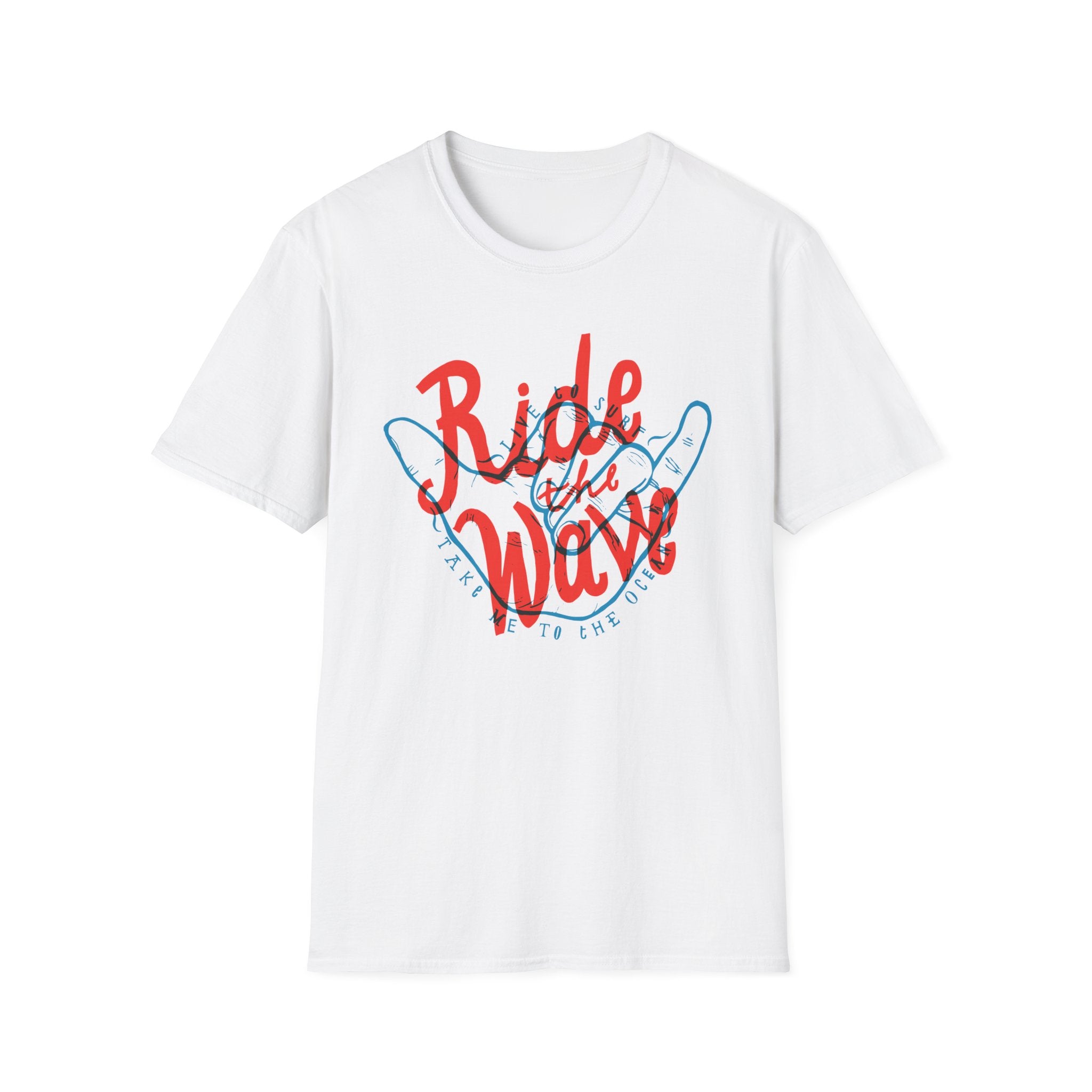 Crafted from soft cotton fabric, the Ride the Wave T-Shirt features a red and blue graphic design with the text "Ride the Wave" alongside two surfboards, ideal for capturing that laid-back "surf's up" vibe.