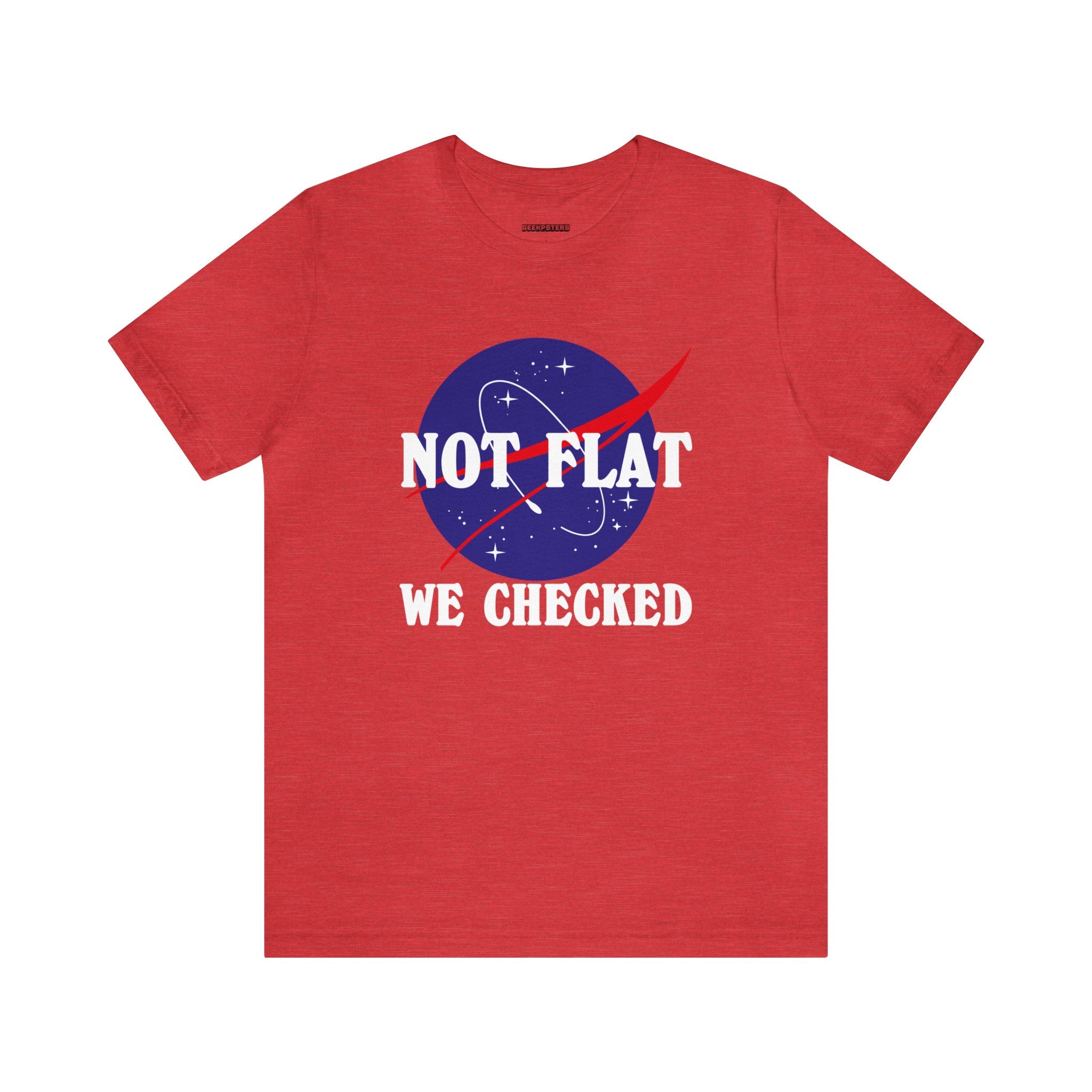 A red Earth Not Flat T-shirt.