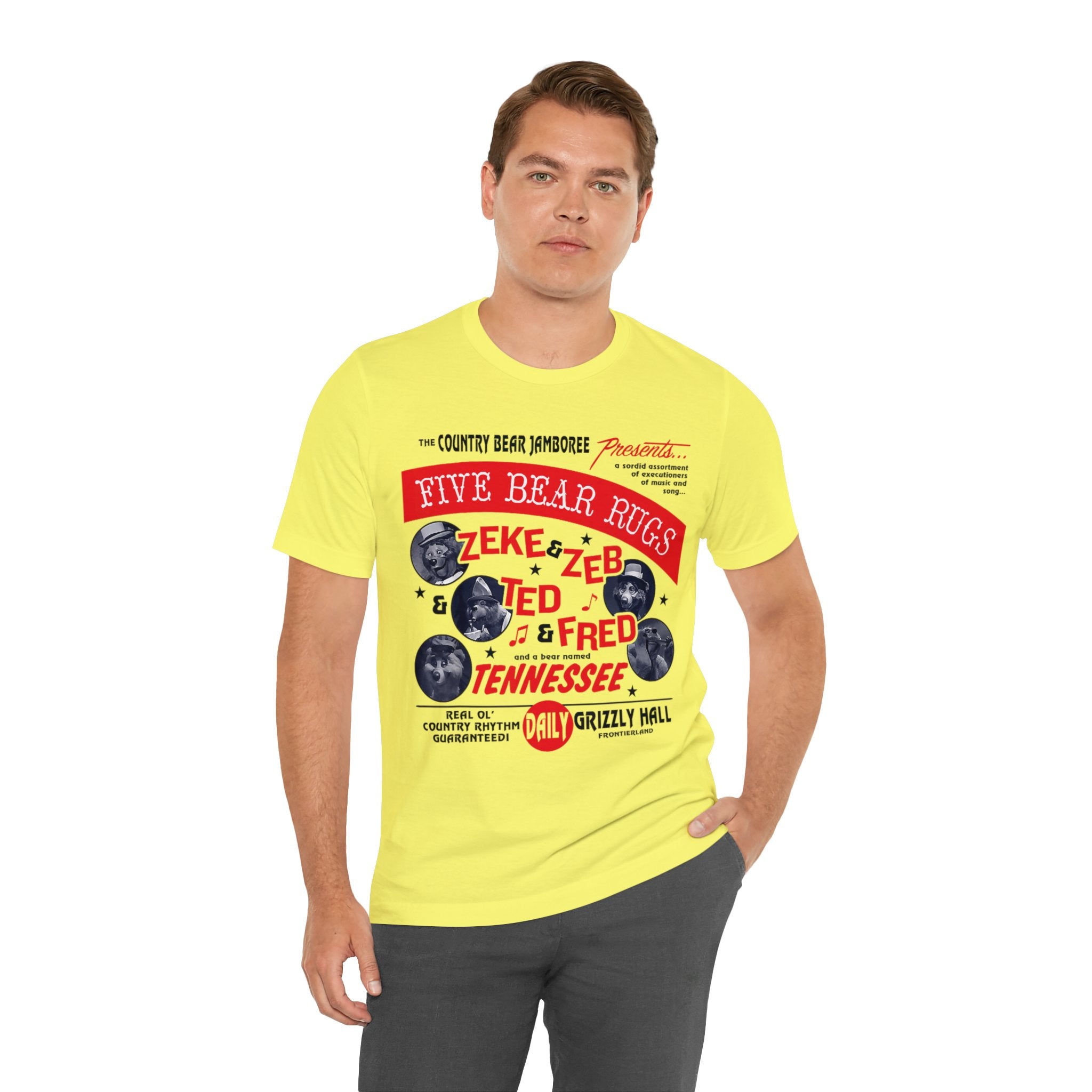 A man sporting a Country Bear Jamboree Real Old Country Rhythm Five Bear Rugs tee-shirt.