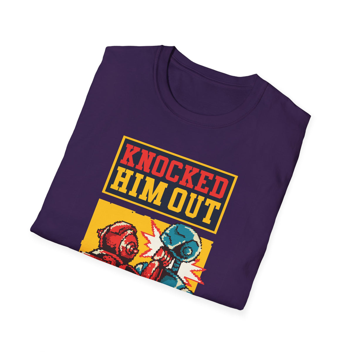 "Knocked Him Out" robot boxing t-shirt in purple, folded flat lay showing print, funny gamer gift