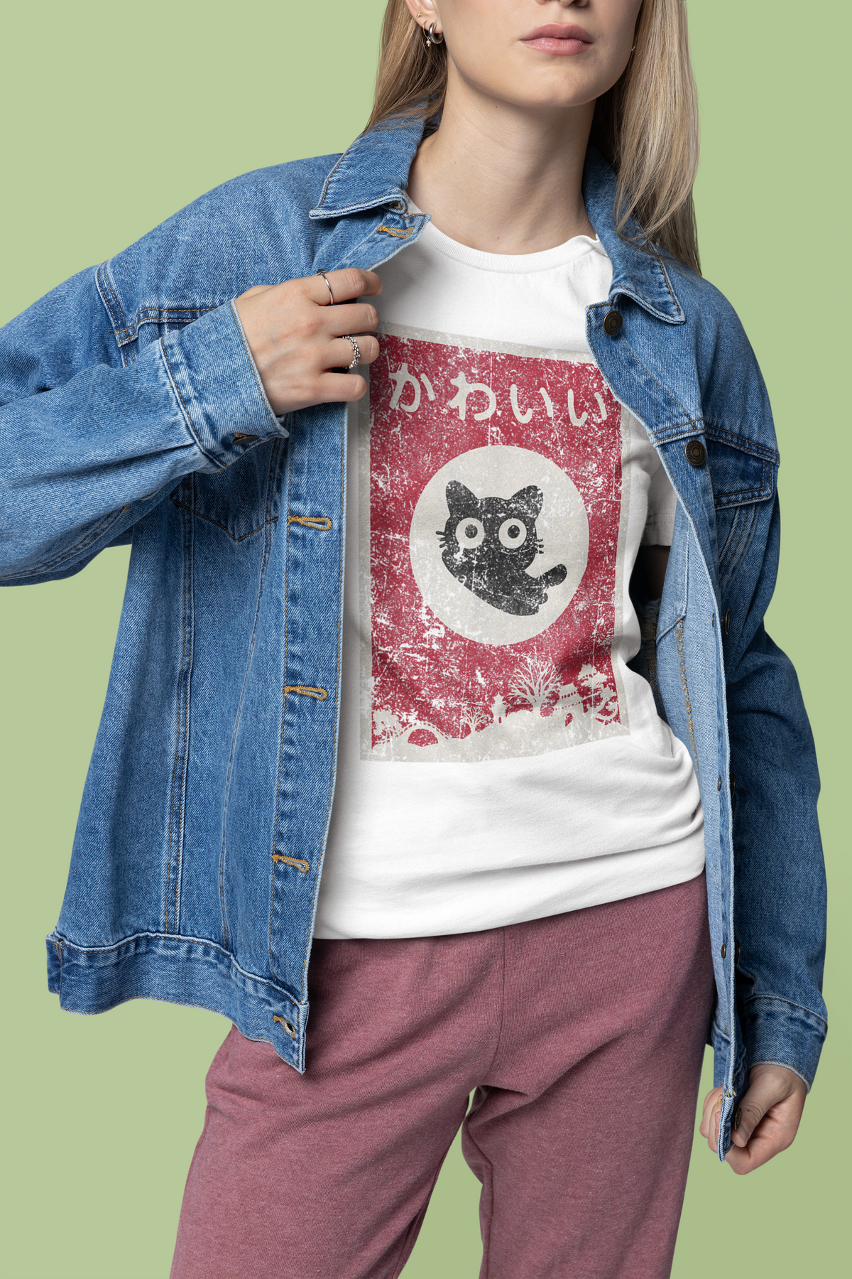 "Kawaii" cat anime poster graphic t-shirt in white, woman wearing it with denim jacket, cute gift for cat lovers
