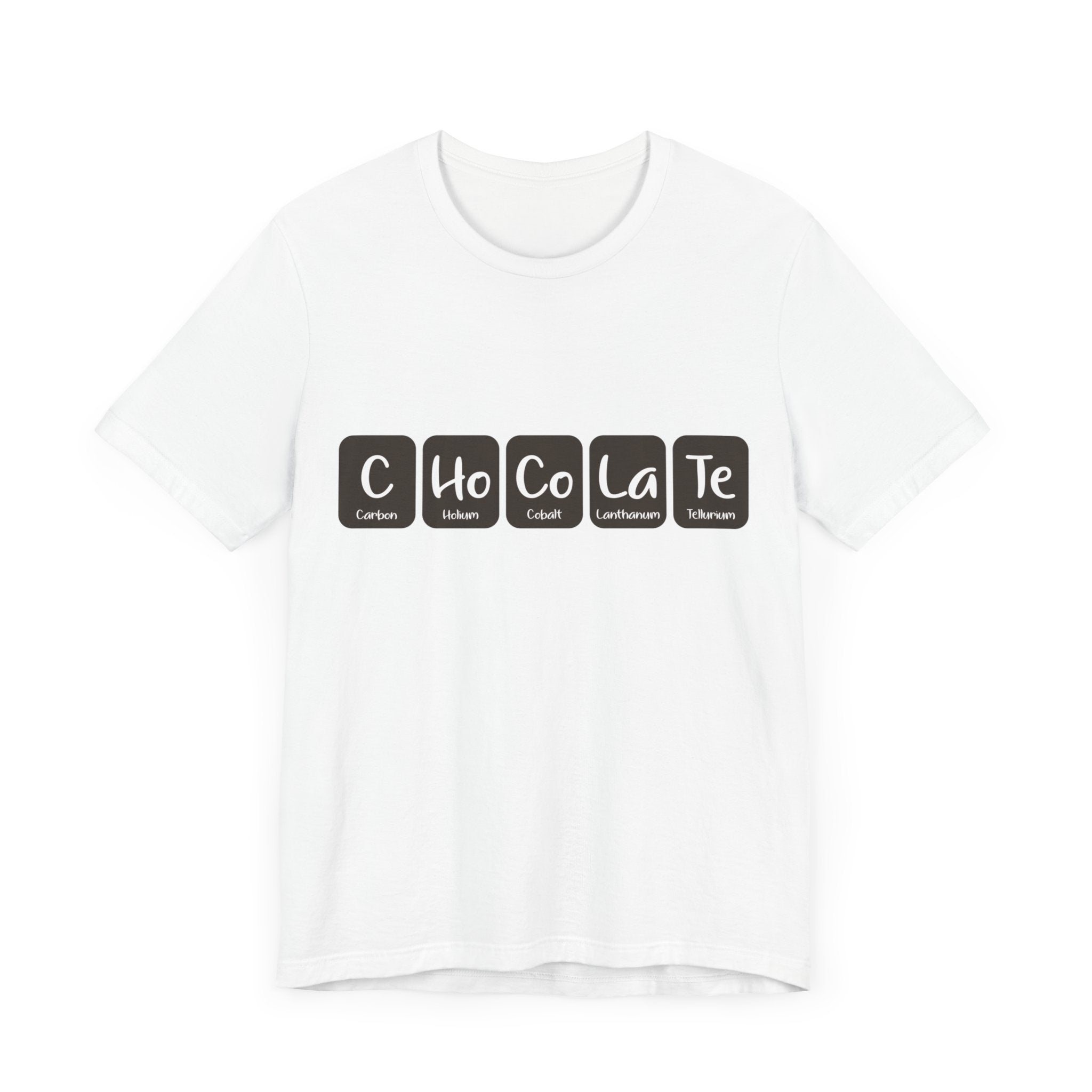 Stylish white C-Ho-Co-La-Te - T-Shirt made from 100% Airlume cotton, featuring black square elements resembling periodic table tiles. This unique C-Ho-Co-La-Te design T-shirt spells "CHoCoLaTe" with atomic symbols: Carbon, Holmium, Cobalt, Lanthanum, Tellurium.