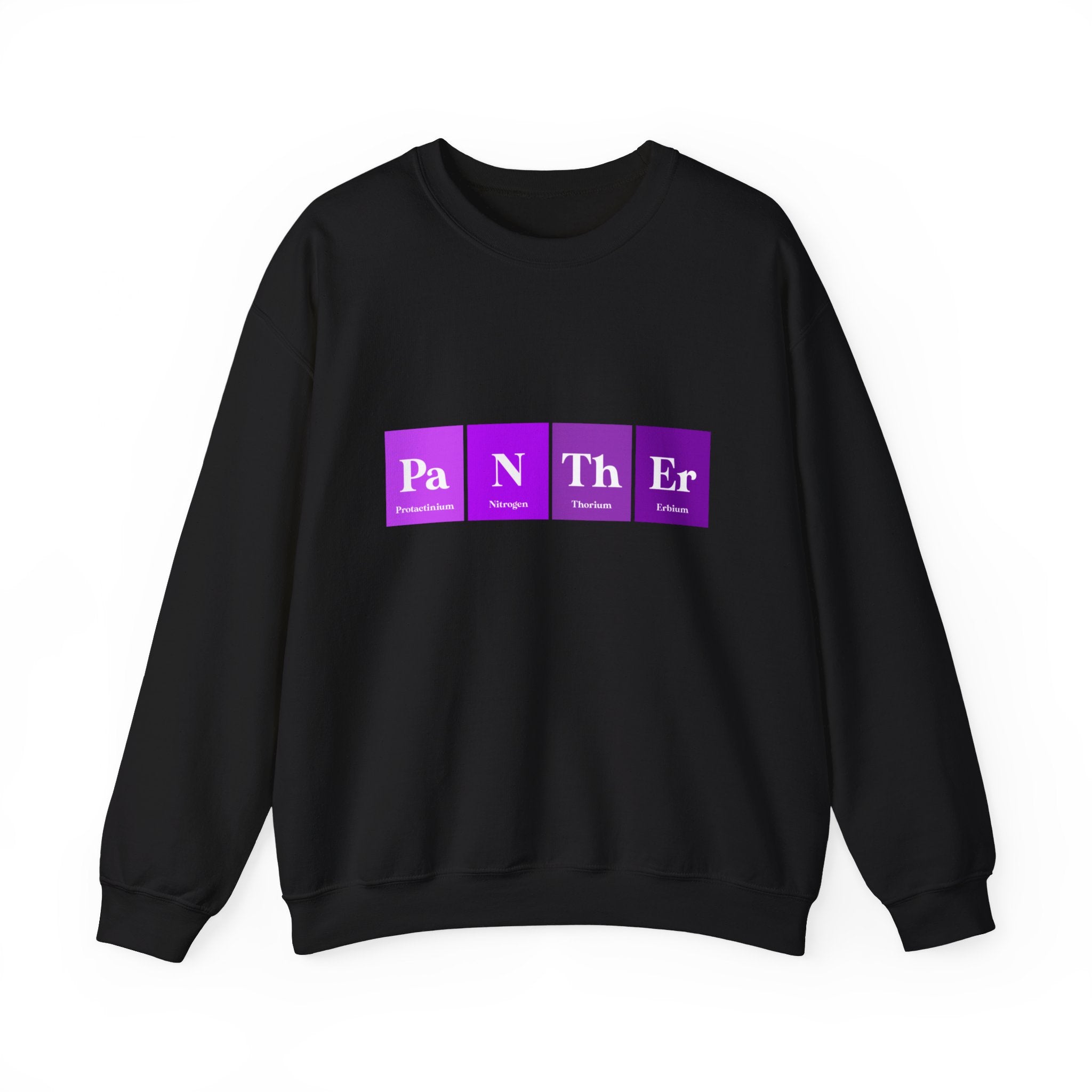 Pa-N-Th-Er - Sweatshirt: Ultra-soft black sweatshirt with three periodic table-inspired purple squares spelling out "Panther," featuring elements Pa, N, and Th Er. Cozy and stylish for any casual outing.