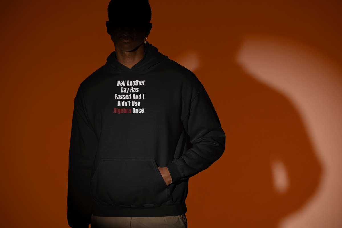 'Well Another Day Has Passed Hoodie' in black, man under a spotlight, Hoodie mockup, Geekpsters