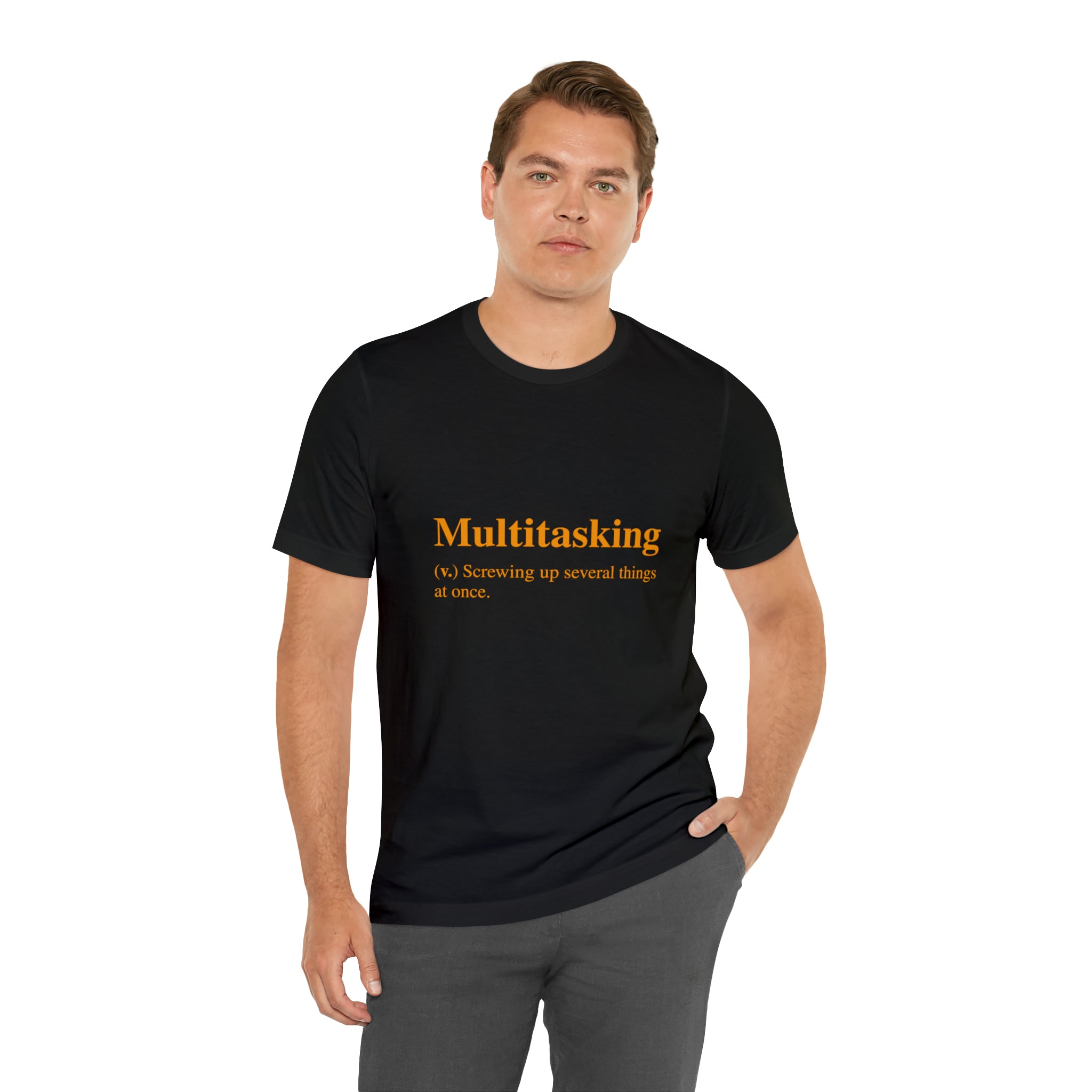 A fashionable man confidently wears a Multitasking T-Shirt.