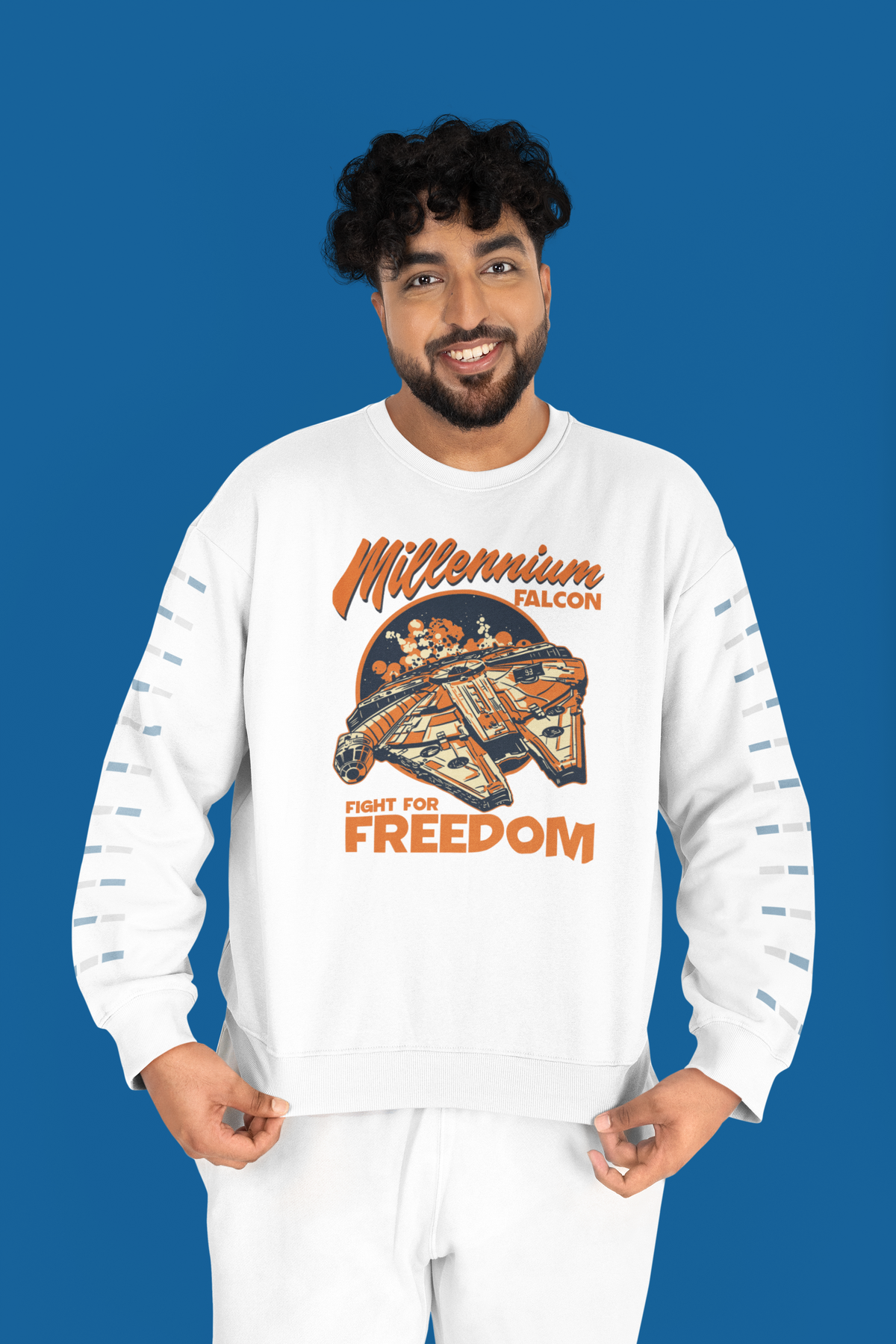 'Millennium Falcon Fight for Freedom' sweatshirt in white, man wearing it on blue background, funny geek gift for him