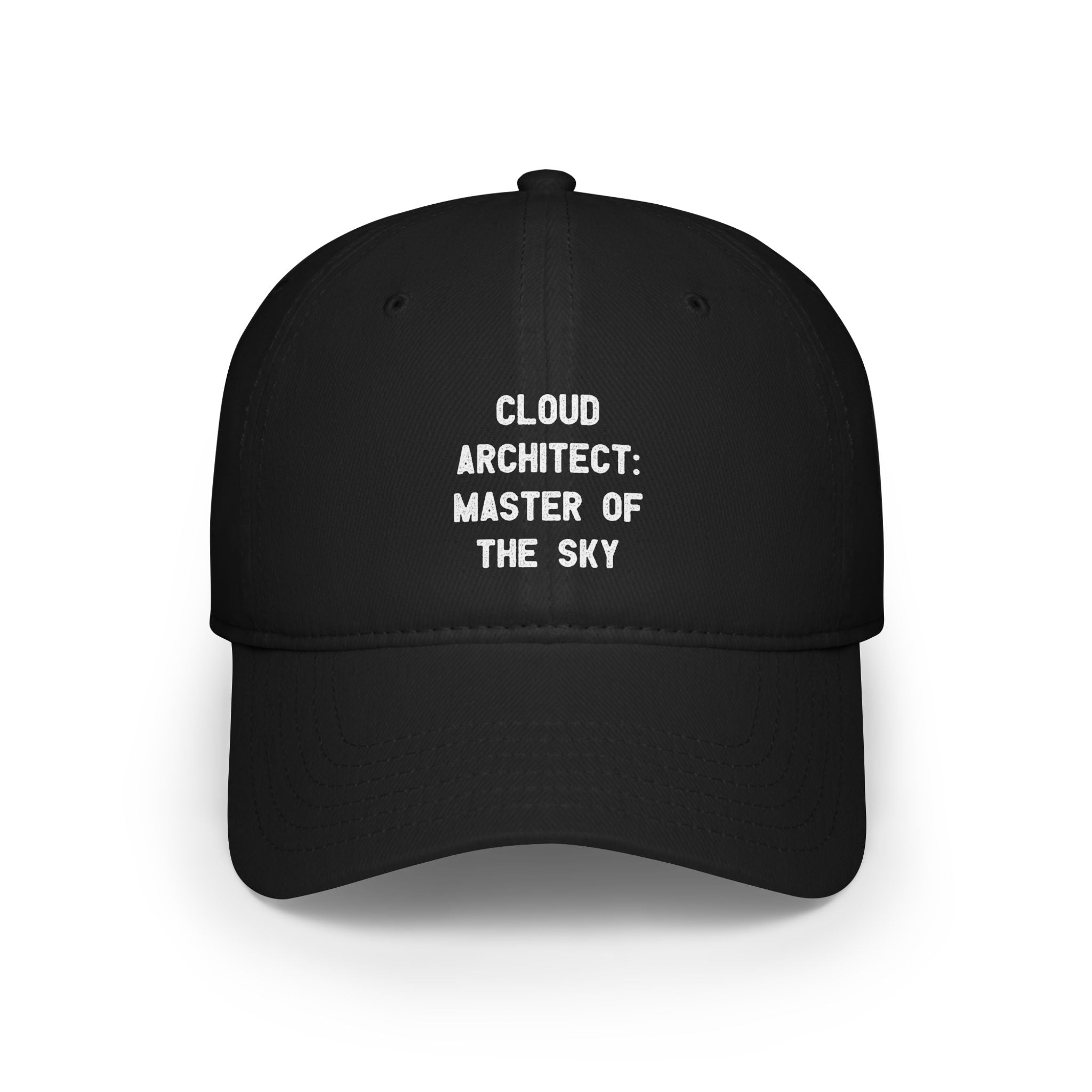 Black baseball cap designed with reinforced stitching and durable, smooth fabric featuring white text that reads: "Cloud Architect: Master of the Sky.