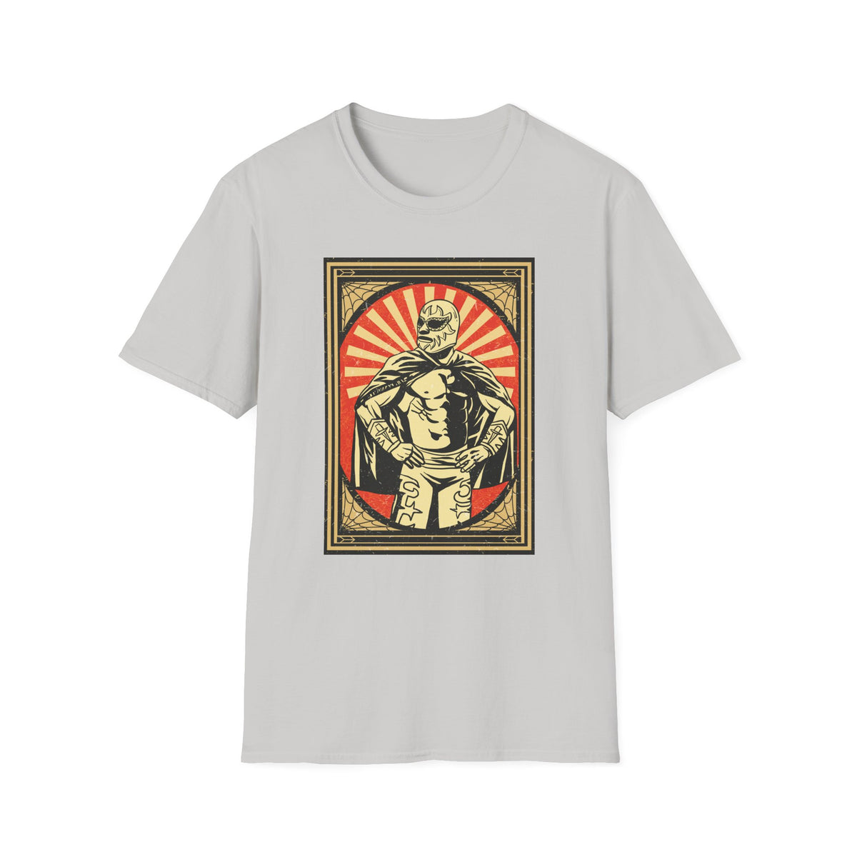 'Mexican Wrestler' retro poster t-shirt in ice grey, flat lay front print visible, funny lucha libre gift