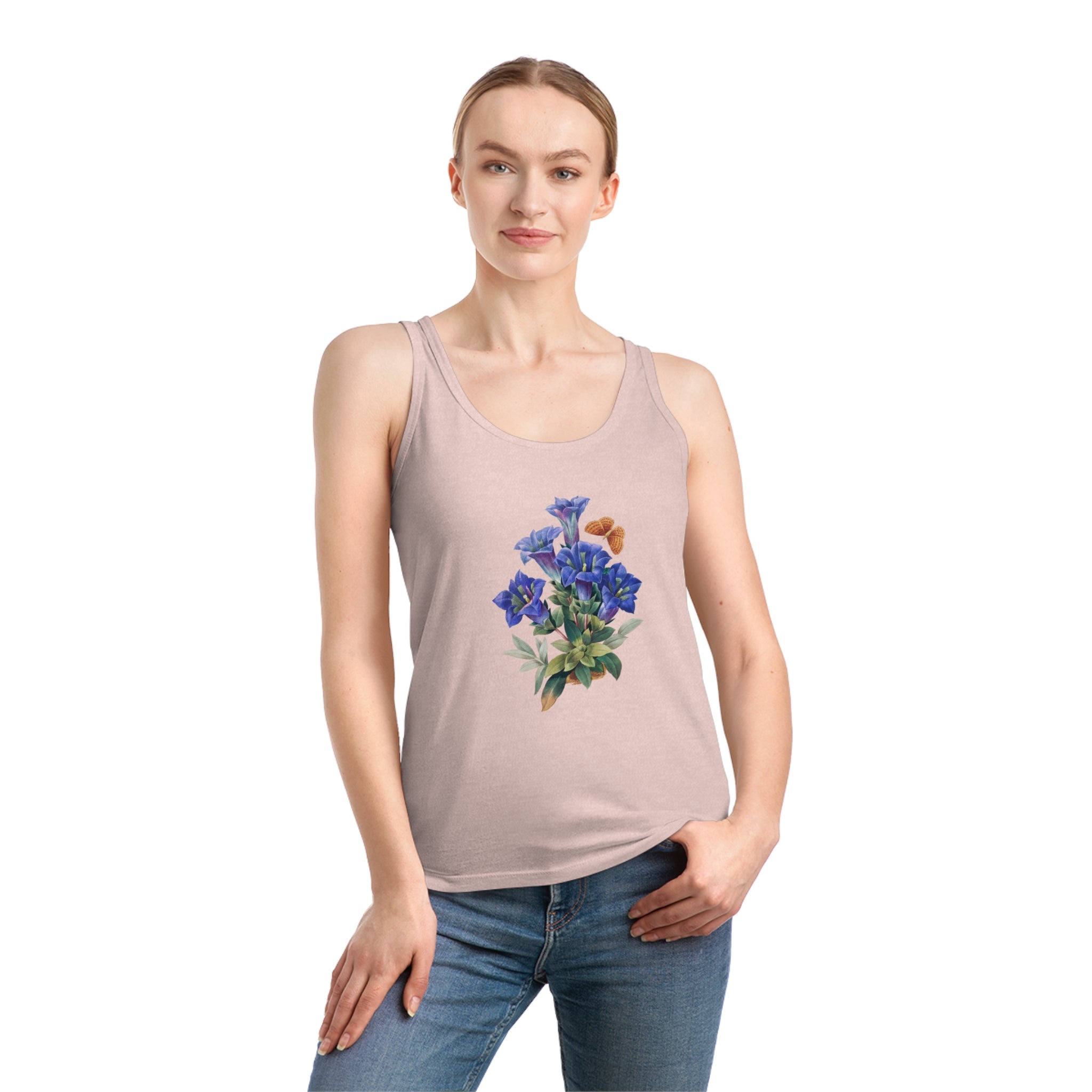 A Bouquet Tank Top with a bouquet of blue flowers, perfect for any occasion.