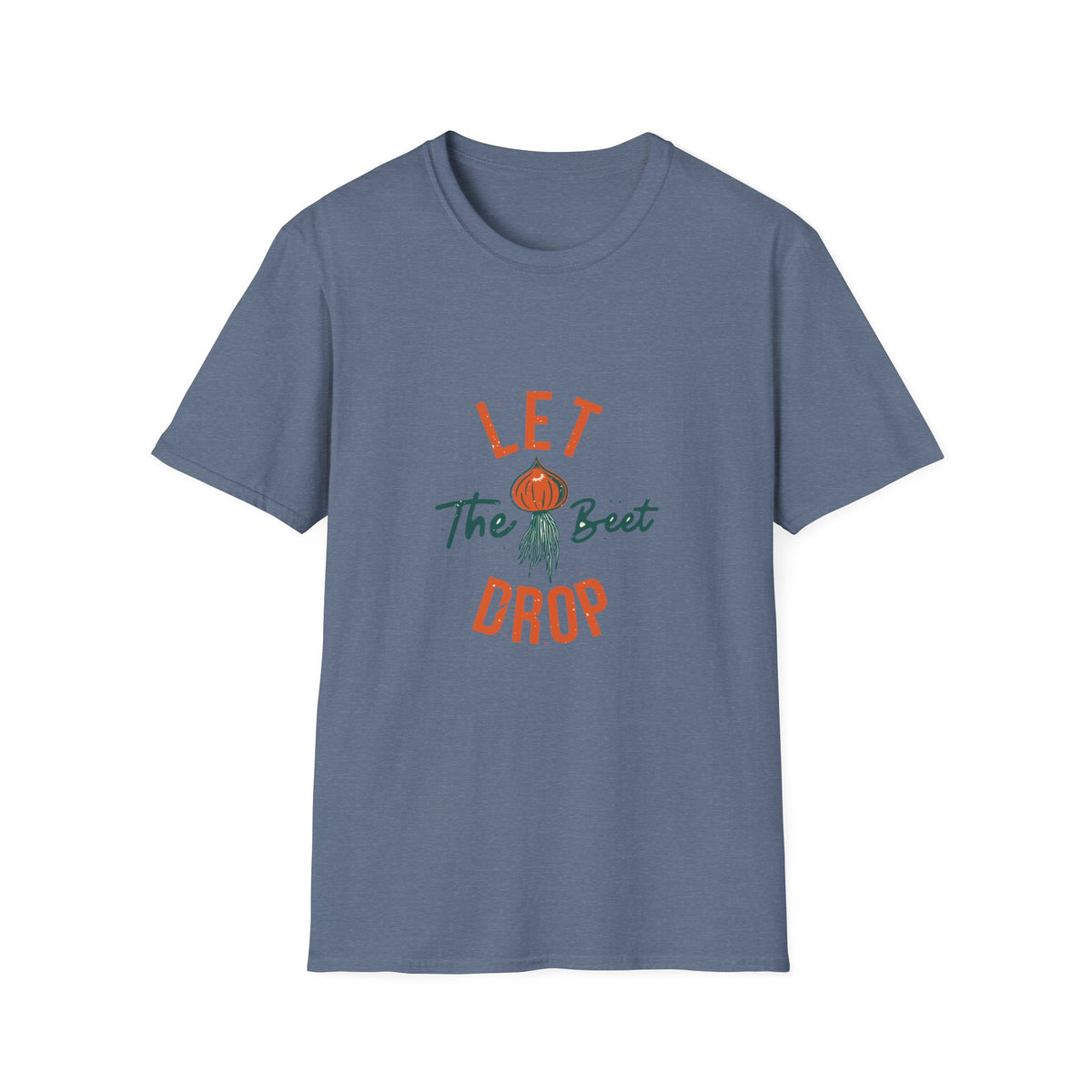 'Let the Beet Drop' funny beet pun t-shirt in heather indigo, gift for gardeners and foodies
